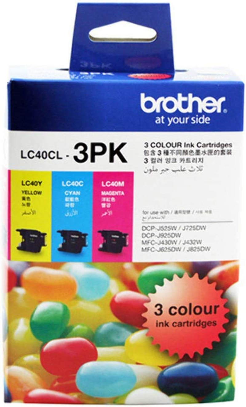 Brother Genuine LC40 Colour Pack, Inc: 1X Cyan, 1X Magenta, 1X Yellow, up to 300 Pages (LC-40CL3PK) for Use With: DCP-J525W, DCP-J725DW, DCP-J925DW, MFC-J430W, MFC-J432W, MFC-J625DW, MFC-J825DW