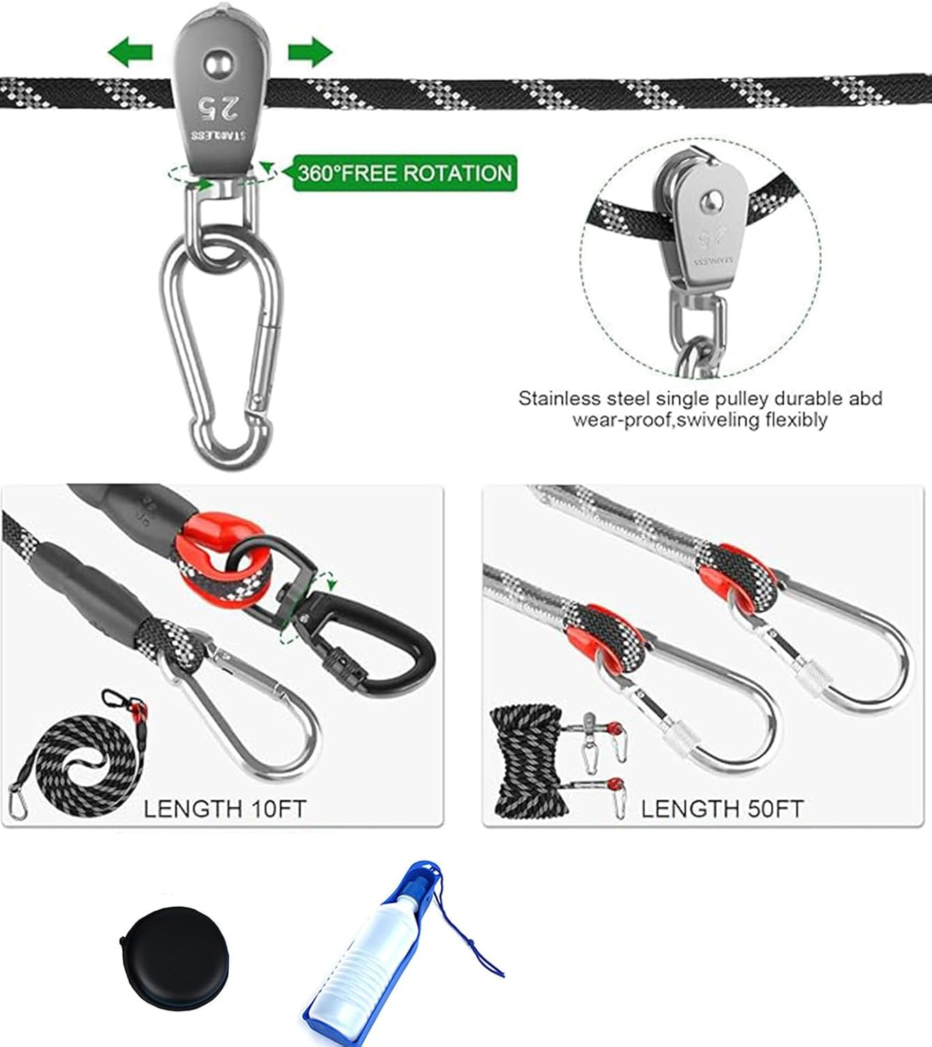 Dog Tie Out Cable for Camping,15M Portable Overhead Trolley System with 3M Runner Lead for Dogs up to 200Lbs，Portable Reflective Dog Lead Line for Yard, Park and Outdoor image number 4