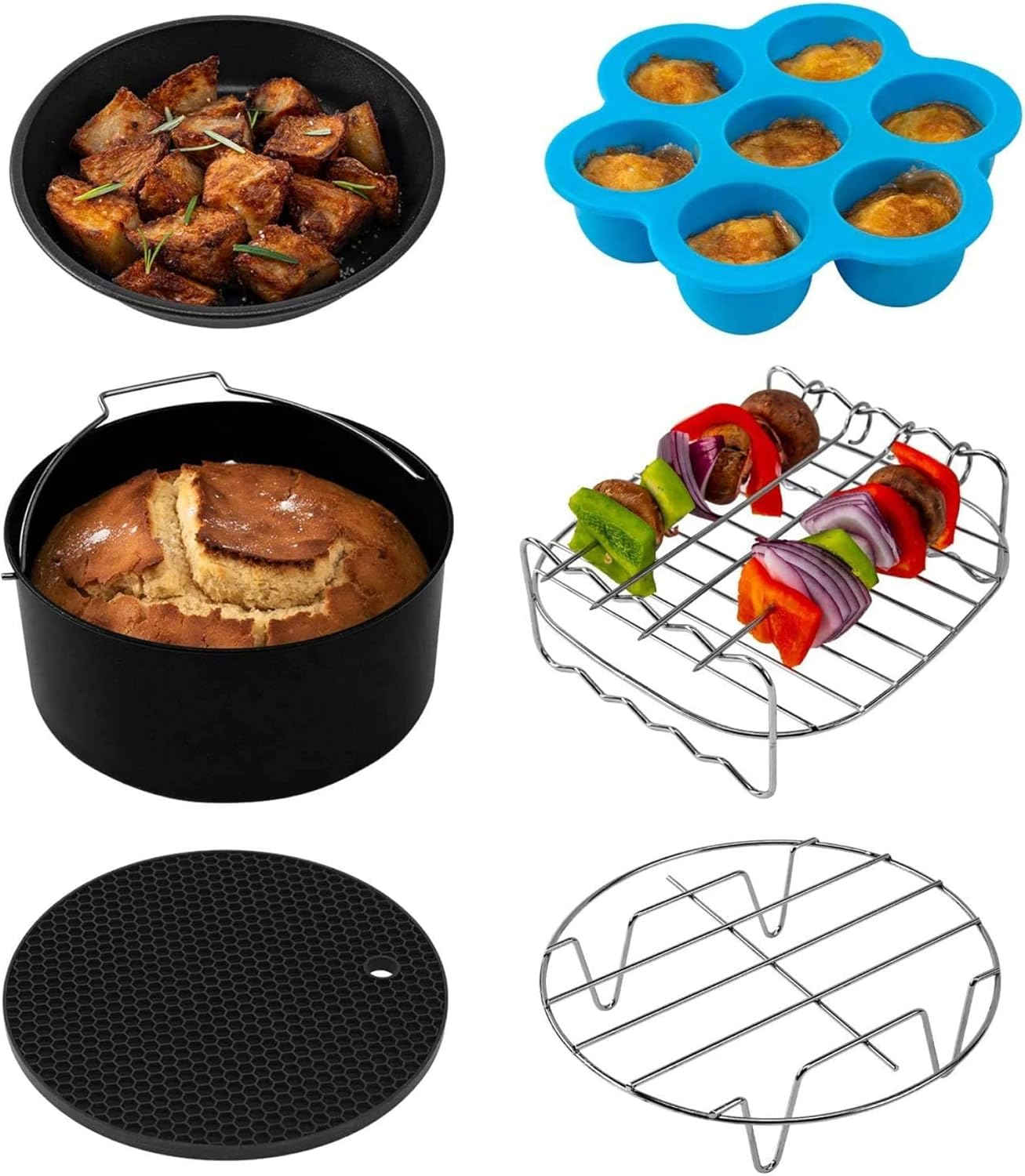 COSORI Air Fryer Accessories Set, Fit All of Brands 5.5 L, Pack of 6 Including Cake Pan/Pizza Pan/Metal Holder/Multi-Purpose Rack with Skewers/Silicone Mat/Egg Bites Mold with Lid image number 3