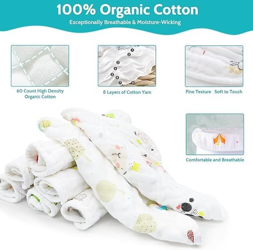 ZONEY Muslin Baby Bibs,8 Pack Ultra Soft Absorbent, 100% Cotton Baby Bandana Drool Bibs Adjustable Snaps (SET1) image number 5