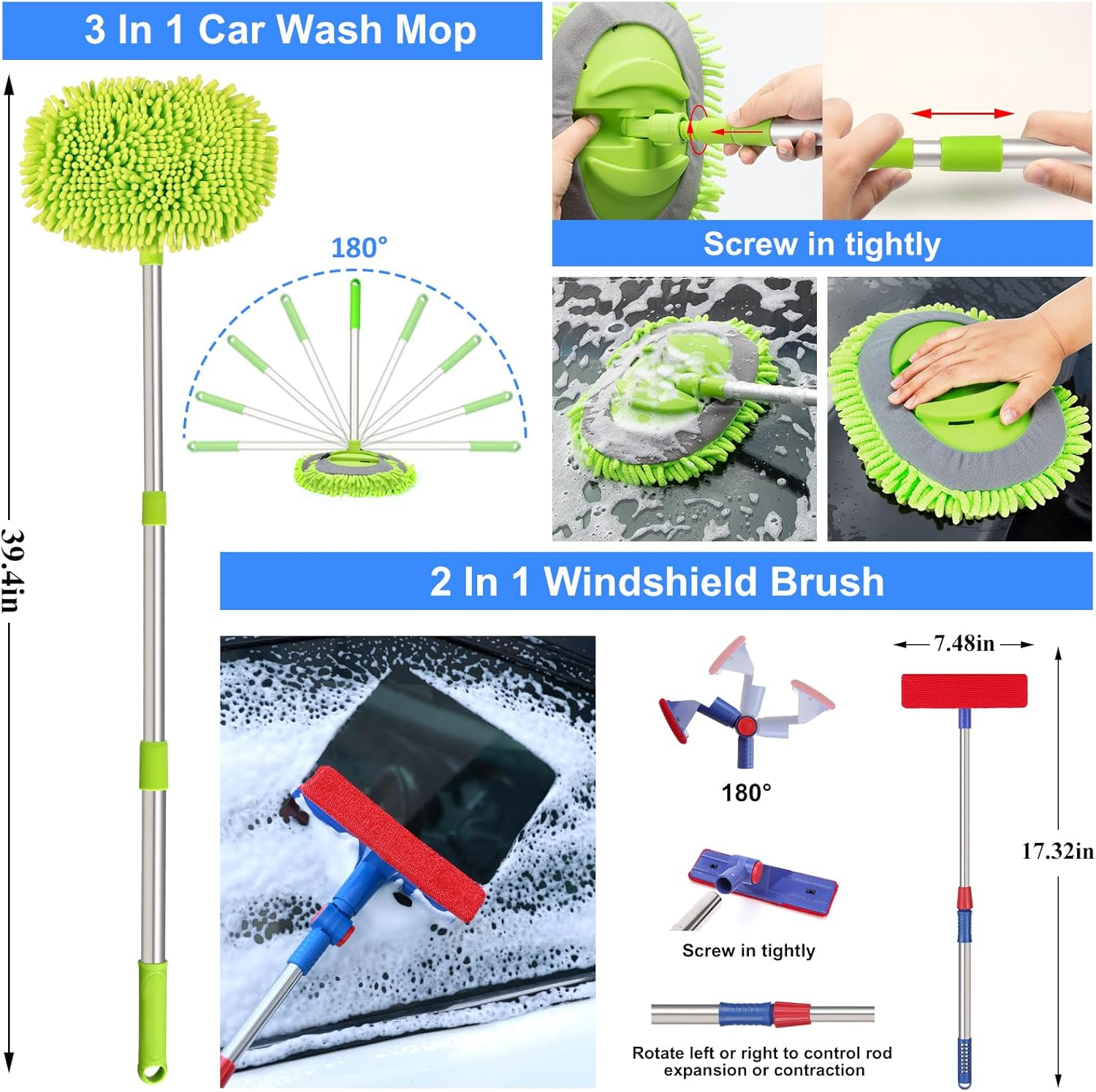 AUTODECO 44Pcs Car Wash Detailing Kit Cleaning Kits with Foam Gun Sprayer Wash Mop with Long Handle Collapsible Bucket Large Wash Mitt Towels Complete Interior Exterior Car Washing Supply Set Blue