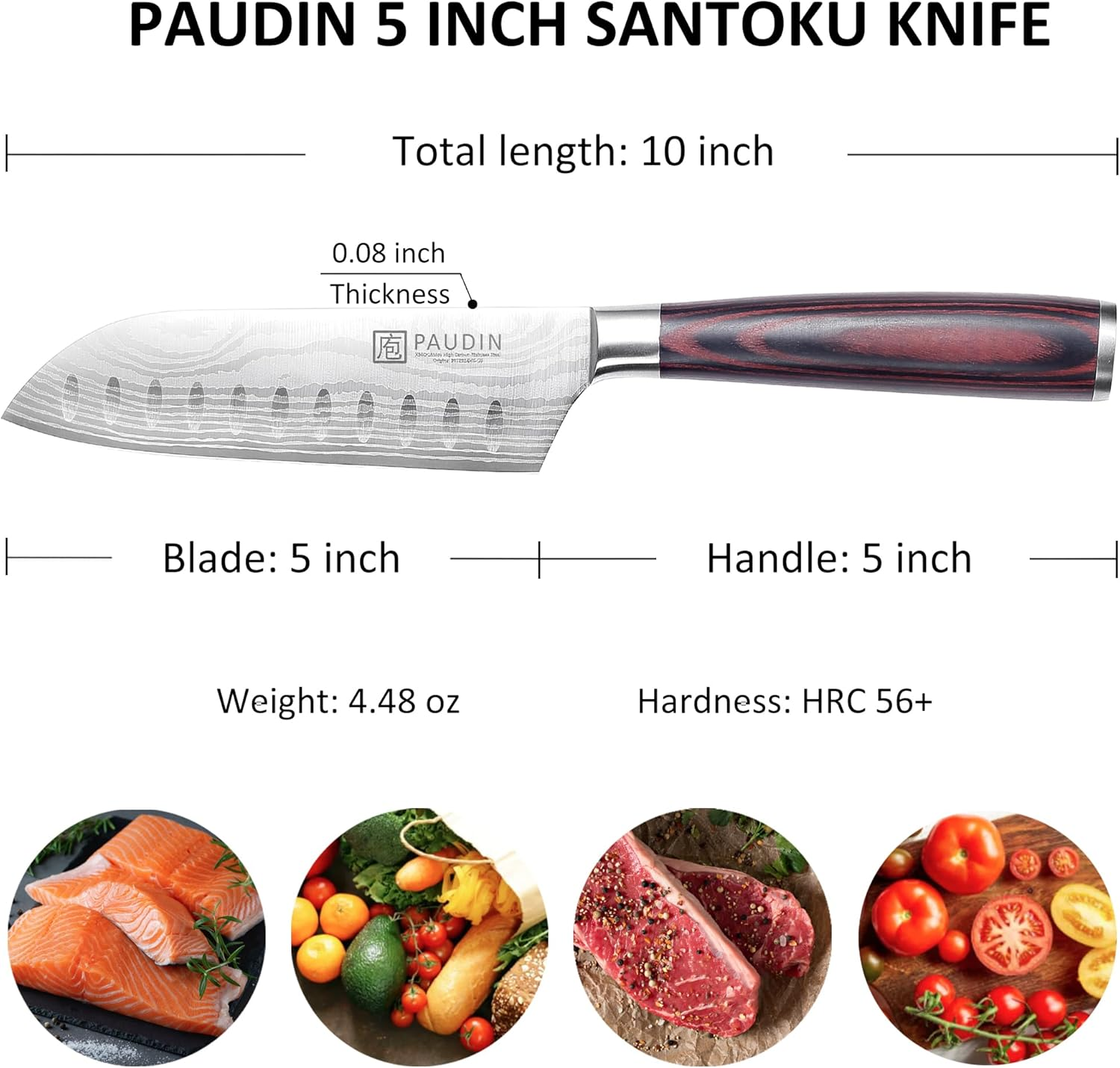 PAUDIN 5 Inch Santoku Knife, Ultra Sharp High Carbon German Stainless Steel Blade with Ergonomic Handle, Professional Kitchen Knife for Cutting Vegetables,Fruits and Meat image number 2