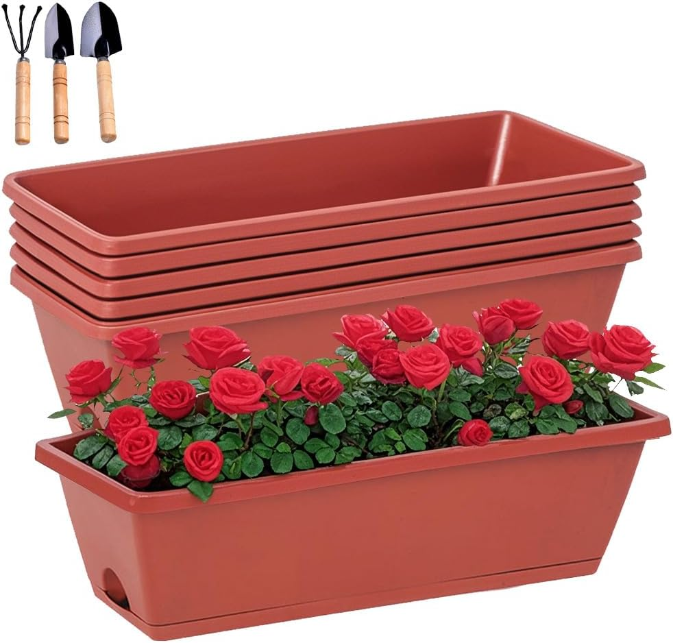 Springup Window Boxes Planters 6PCS Red Plastic Vegetable Flower Plots Boxes 43X13.5CM Large Rectangular Herb Planters with Tray Saucers for Indoor Outdoor Garden Patio Home Decor image number 2