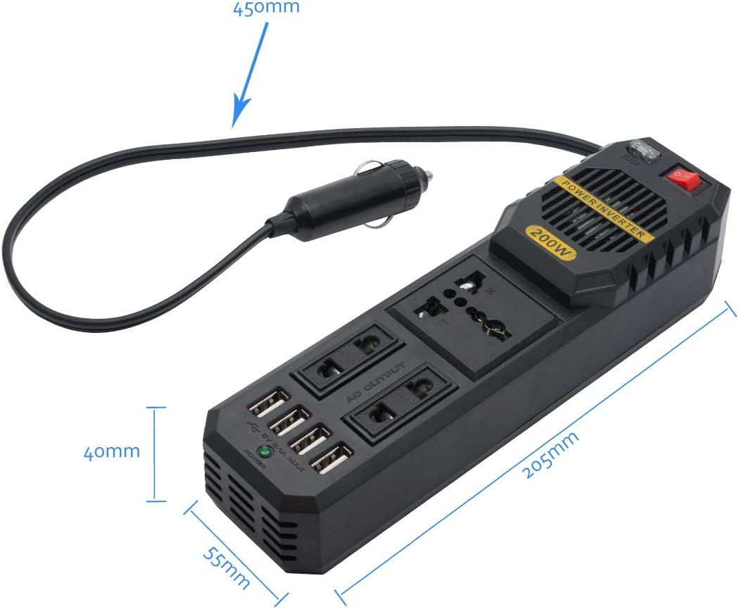 TOP-MAX Car Power Inverter 200W DC 12V to AC 220V Socket Converter Invertor 4USB Charger