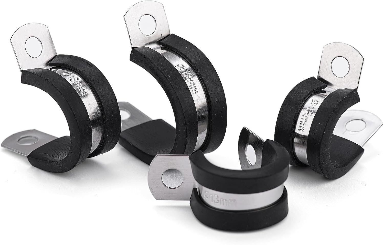 52Pcs P Clips Hose Clamp Cable Clamps Assortment Kit, 304 Stainless Steel Rubber Cushion Pipe Clamps in 6 Sizes 1/4" 5/16" 3/8" 1/2" 5/8" 3/4" (BLACK) - Red image number 1