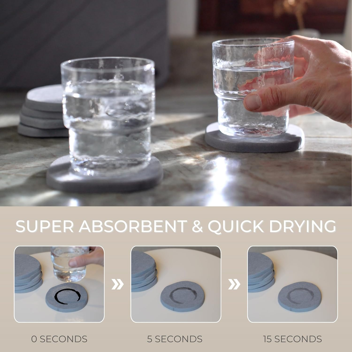 Home - Stone Coasters, Set of 6 | Super Absorbent, Quick Dry Diatomite Coaster for Drinks | Made of Natural Diatomaceous Earth | Absorbing Water Instantly | Unique Shapes | Colour Graphite image number 4