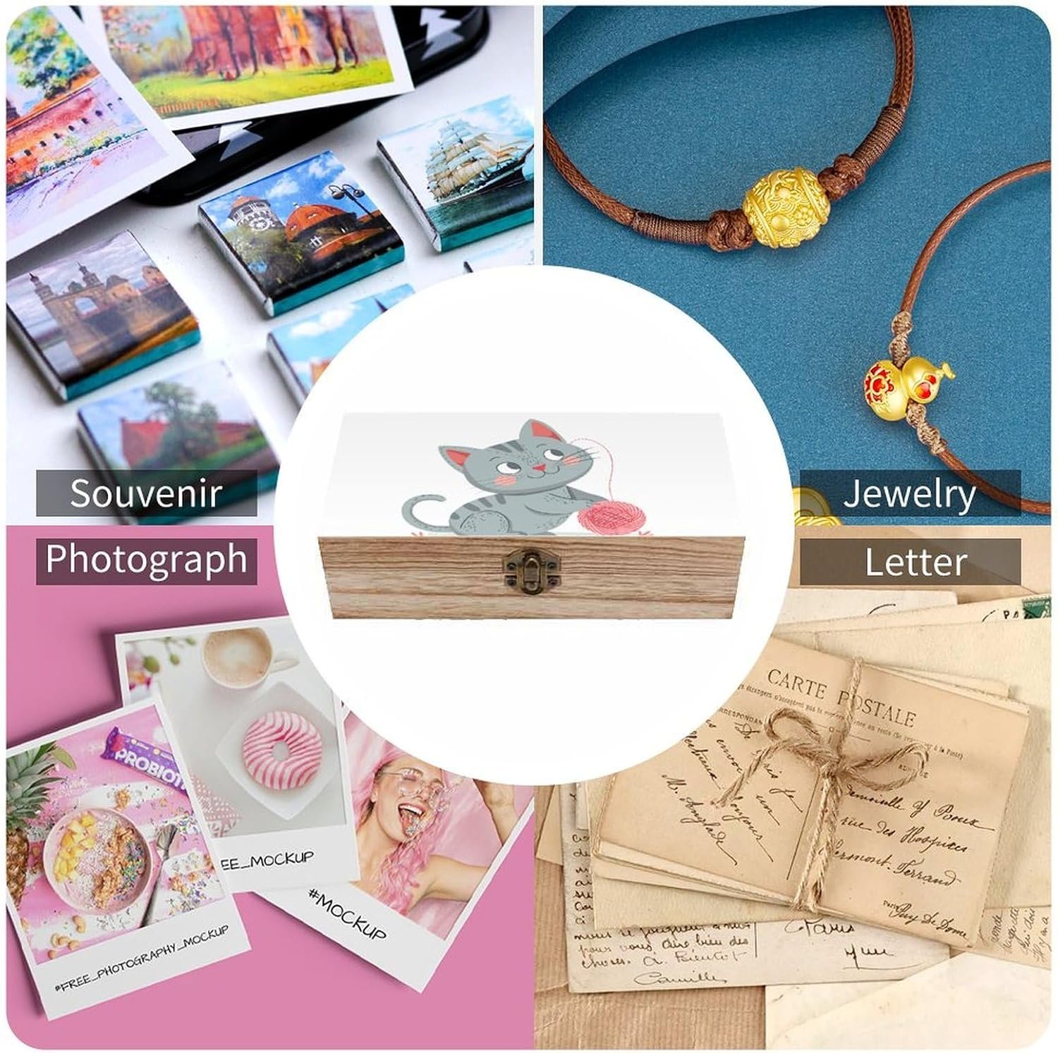 Peach Nose Cat Wooden Box Wood Wedding Keepsake Boxes with Lids Small Decorative Boxes Lightweight Wooden Memory Storage Box for Crafts Keepsakes Jewelry Photo Letter Storage image number 4