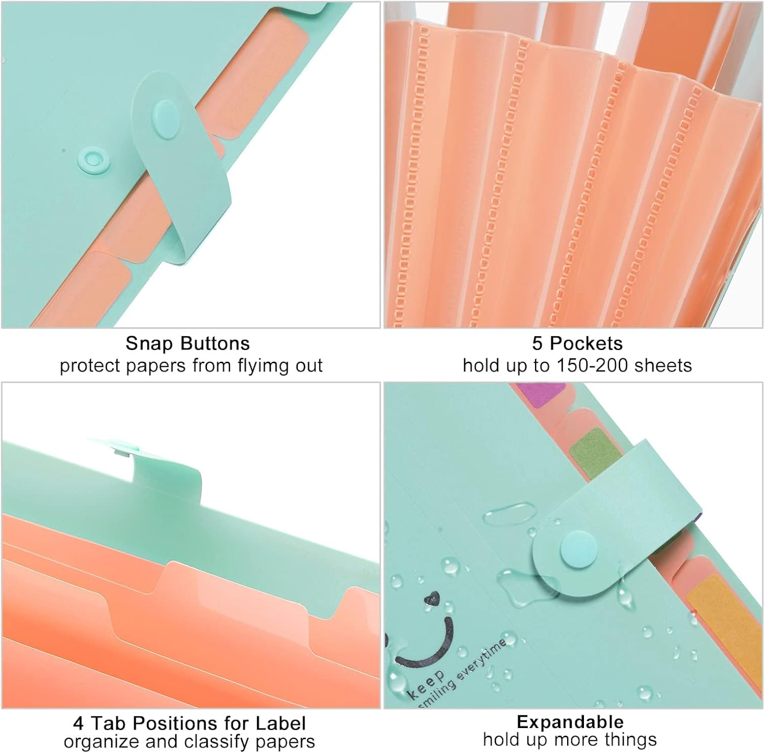 Forvencer Accordion File Organizer, Letter Size, 5 Pocket Expanding File Folder, Cute File Folder with Labels, Portable File Organizer for School Office Supplies, Folders for Documents, Jade - Black image number 5