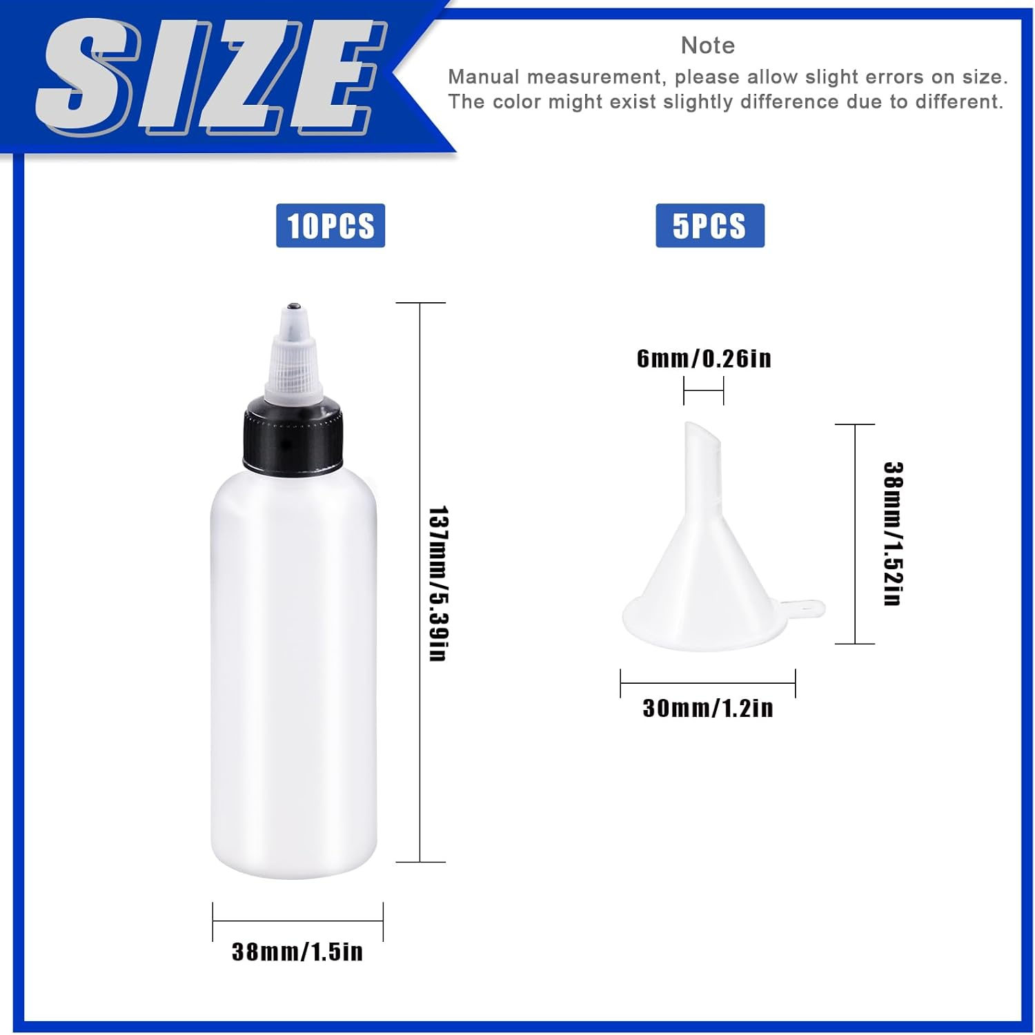 Glarks 15Pcs 100Ml/4Oz Dispensing Bottles with Funnel Set, Boston round LDPE Plastic Bottle, Clear Plastic Squeeze Bottles with Twist Top Cap for Kitchen, Household, Arts and Crafts image number 1