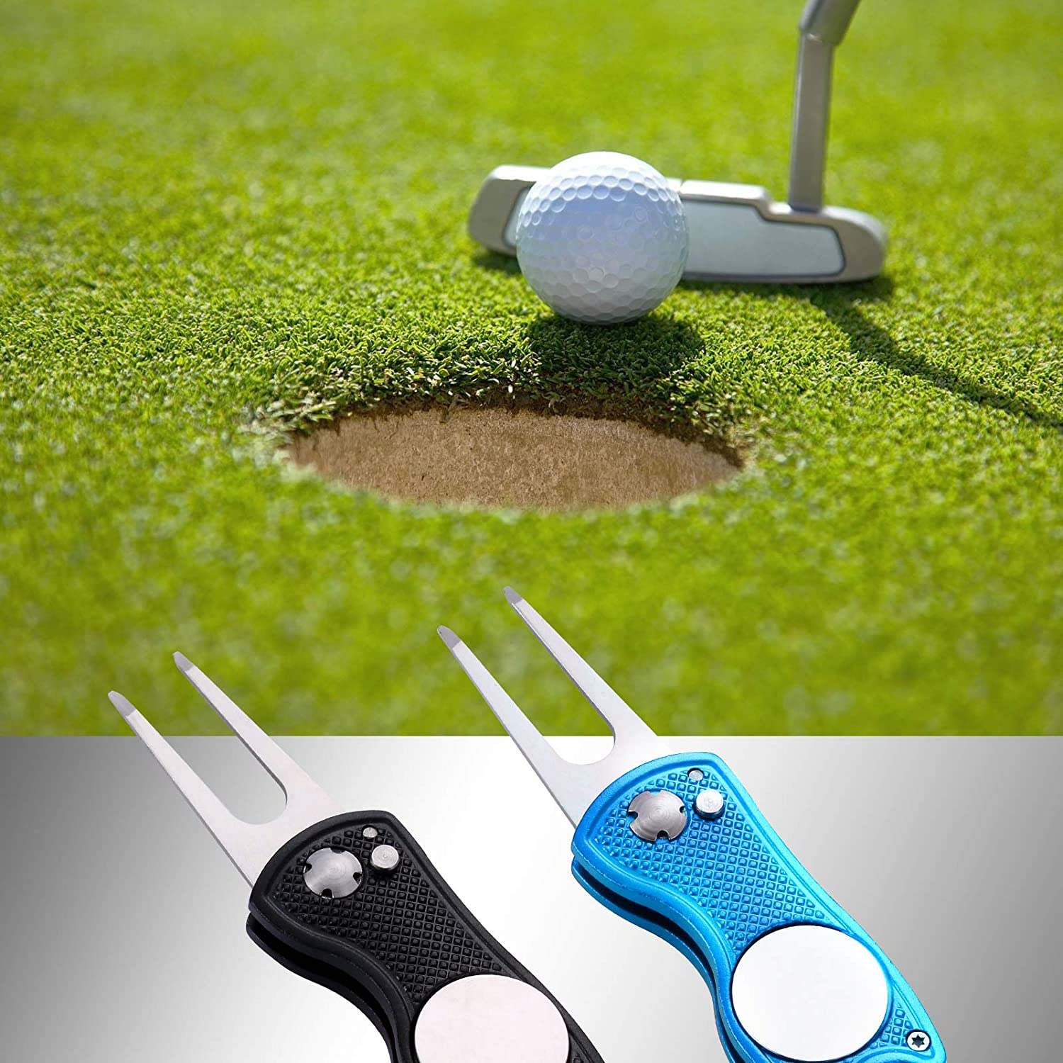 2 Pack Metal Foldable Golf Divot Tool with Pop-Up Button & Magnetic Ball Marker (Pack of 2, Fish Design) - Black  Silver image number 3