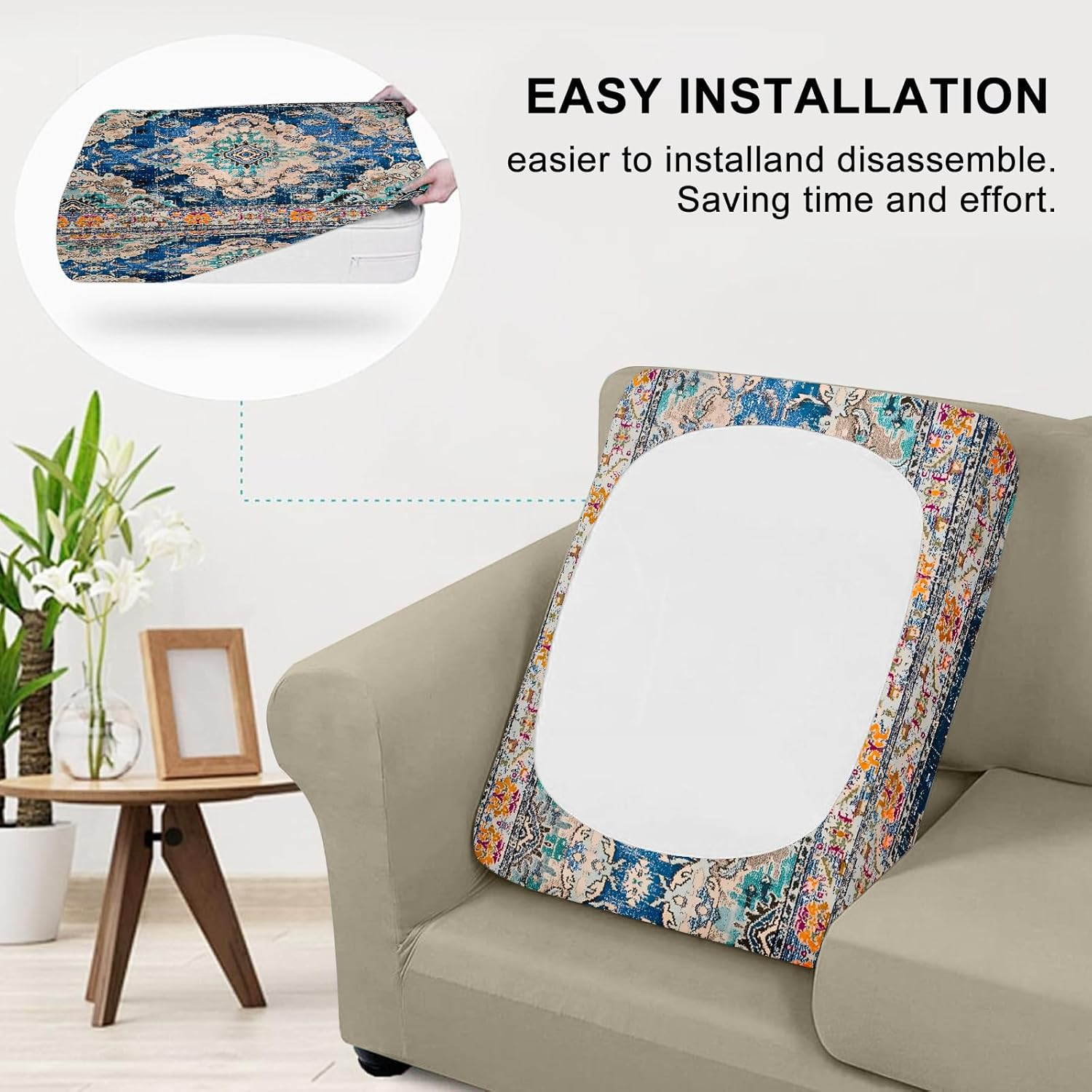 SZXYCZL 3PCS Boho Printed Sofa Cushion Covers, Cute Carpet Pattern Printed Washable Elastic Couch Cover, Indoor and Outdoor Sofa Cover-Dark Blue image number 2