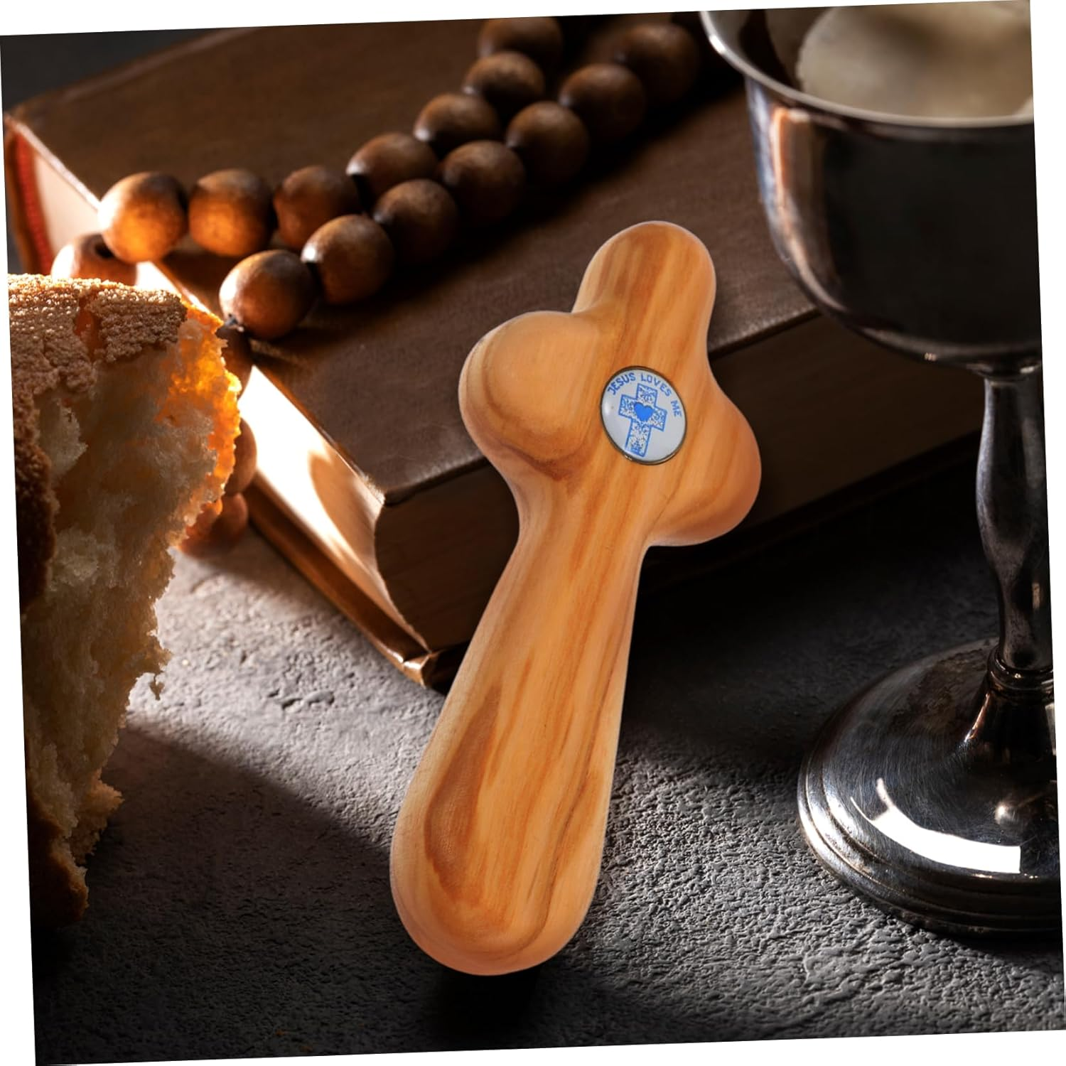 MUELODSIC Small Handheld Wooden Cross Olive Wood Christian Pocket Cross for Baptism Confirmation and First Communion Unique Religious Personal Reflection and Prayer image number 5