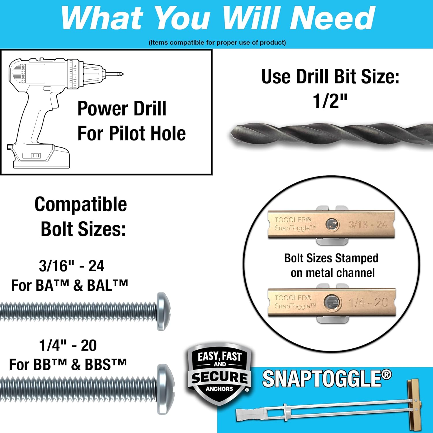 TOGGLER SNAPTOGGLE BB Toggle Anchor with Bolts, Zinc-Plated Steel Channel, Made in US, 3/8" to 3-5/8" Grip Range, for 1/4"-20 UNC Fastener Size (Pack of 10) image number 1