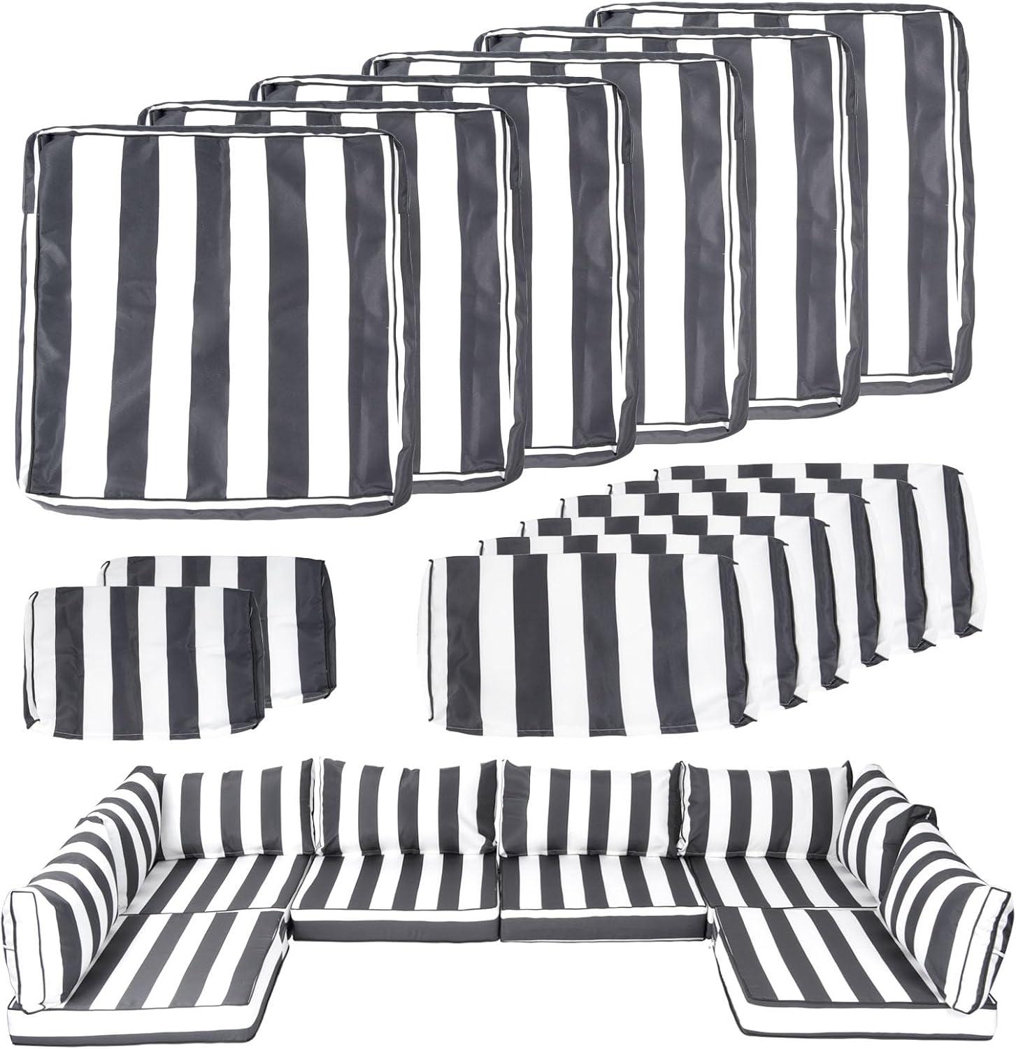 14 Piece Outdoor Patio Cushion Covers Replacement, Waterproof Outdoor Furniture Cushion Covers, Fit 7 Pcs 6 Seater Wicker Rattan Patio Conversation Sofa Set, Black & White Stripes(Only Cover) image number 4