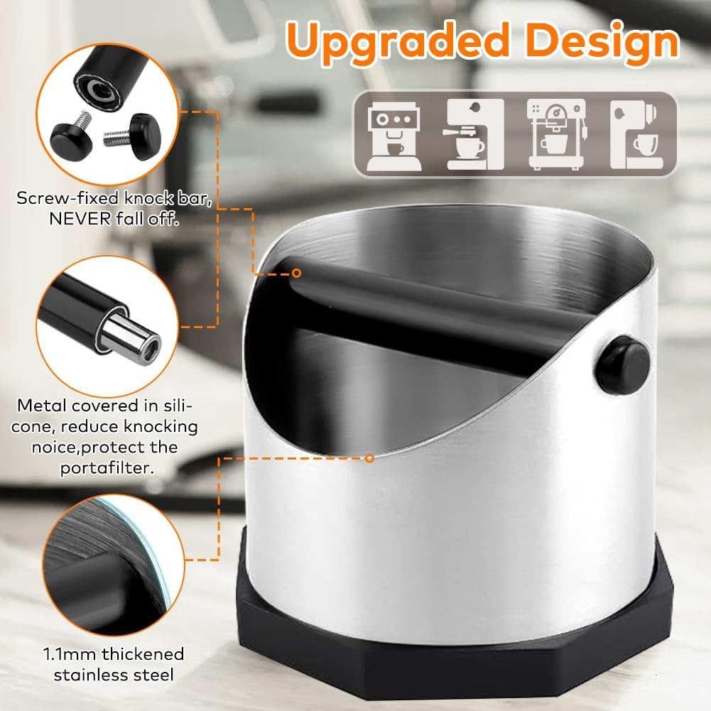 Coffee Knock Box and Tamper Mat Set Coffee Grounds Knock Box and Anti-Slip Silicone Tamp Mat Coffee Bin Accessories for Home Coffee Bar (Stainless Knock Box + Tamper Mat)