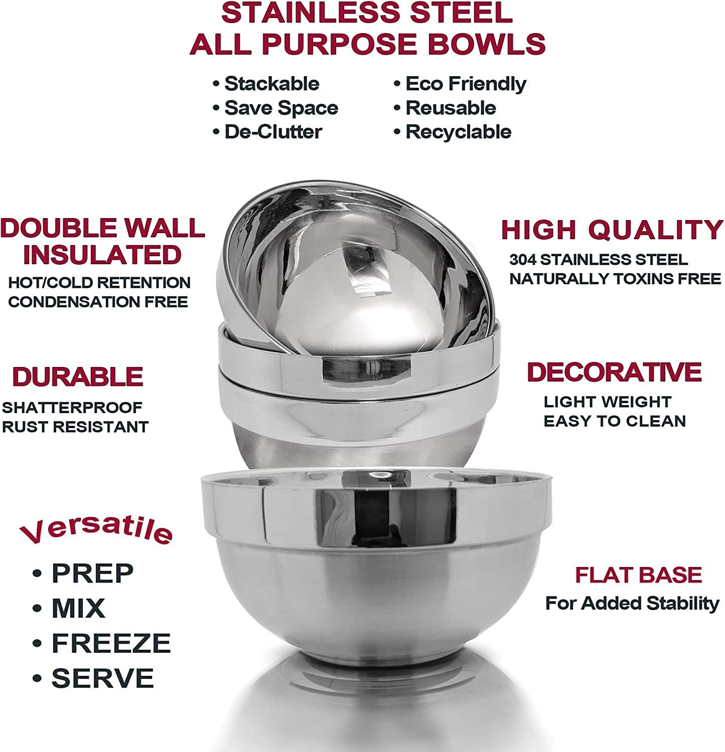 Qcfang Stainless Steel Mixing Bowls 4 Pack Heat Insulated Metal Bowls Set for Kids and Adults Double Walled Multipurpose Bowls for Cereal, Soup, Ice Cream, Rice, Noodles, Salad, Snacks (Round) image number 2