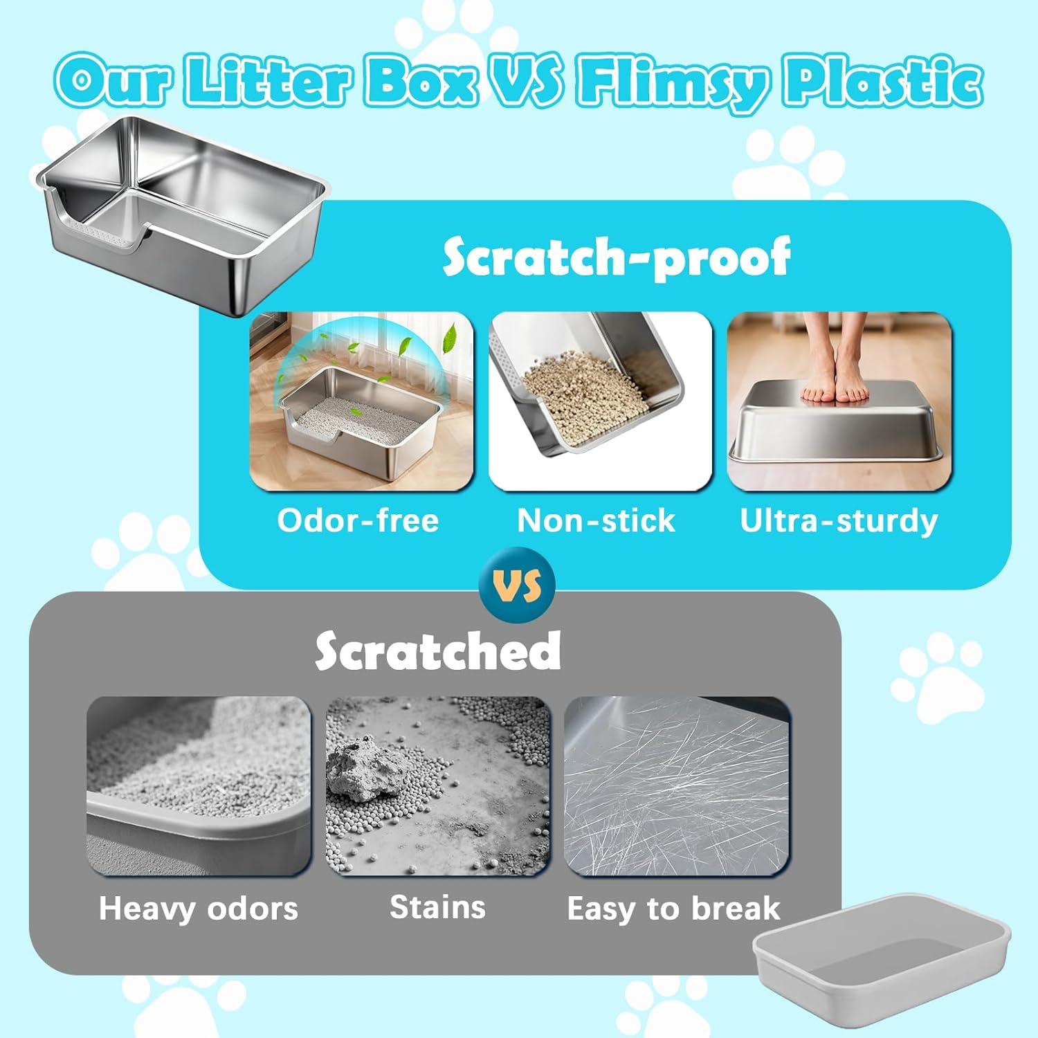 Stainless Steel Litter Box with High Sides,Metal Litter Box with Low Entry for Kittens & Senior Cats,Large Cat Litter Boxes,19.6" L X 13.7" W X 5.9" H,Non-Sticky,Easy to Clean (Middle Entry) - Middle Entry image number 3