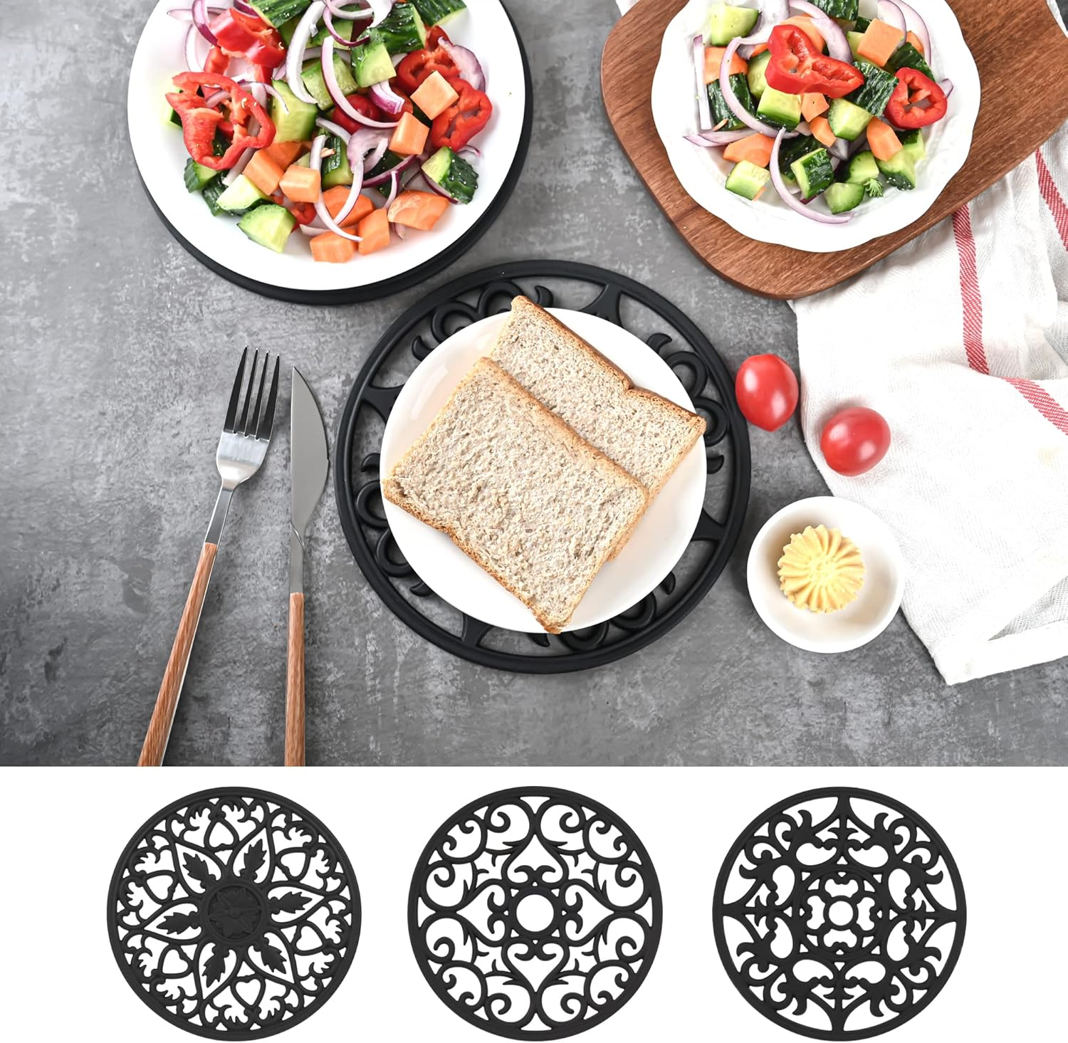 Trivets for Hot Dishes, Silicone Trivets Hot Pads for Pots and Pans, Carved Trivet for Kitchen, Multi Purpose Heat Resistant Mat, round Silicone Plate Mats Set 3 Black image number 4