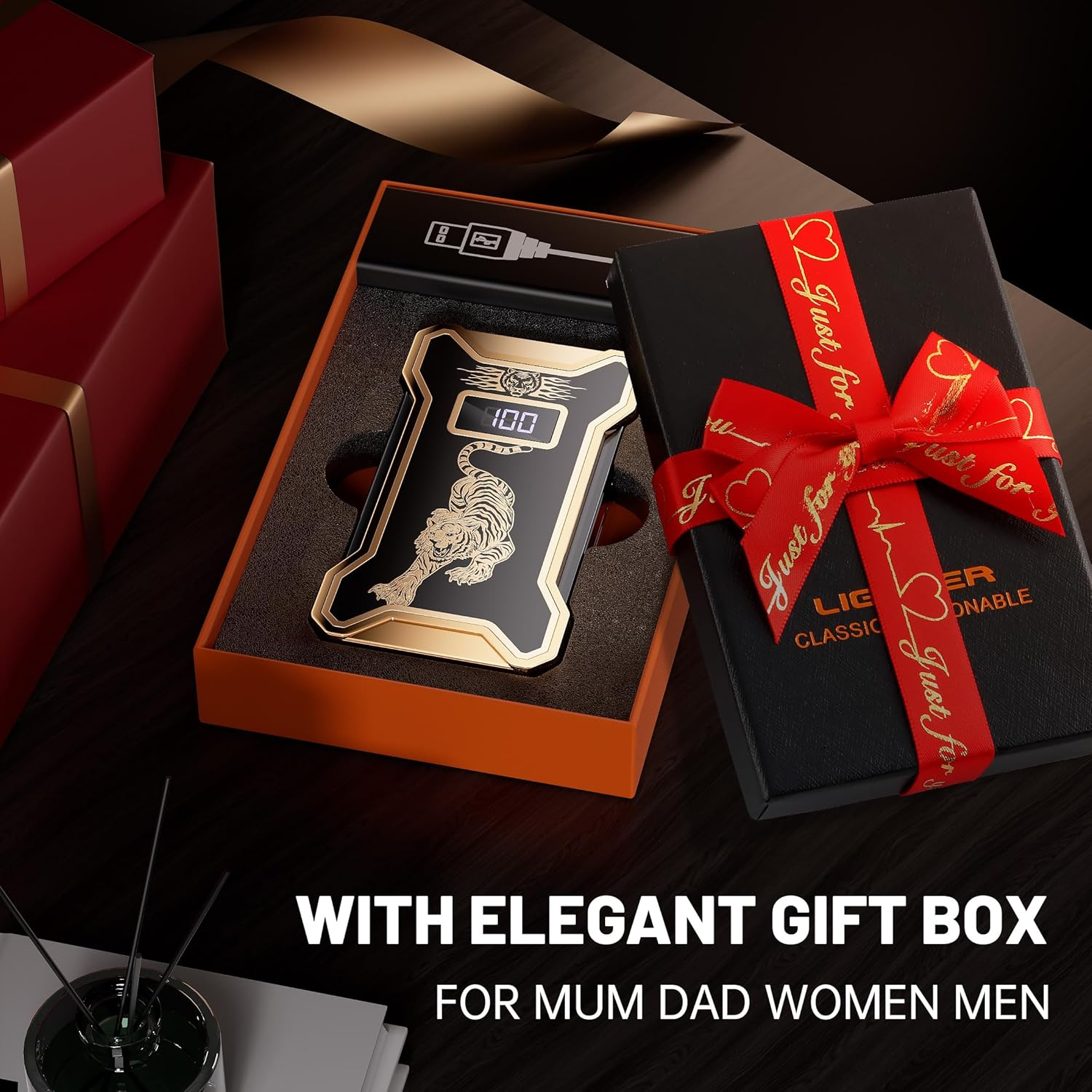 Cool Gifts Electric Lighter for Men Dad Him Digital Counter Bettary Display Windproof Flameless Plasma USB Rechargeable Arc Birthday Gifts for Men, Boyfriend, Husband (Tiger)