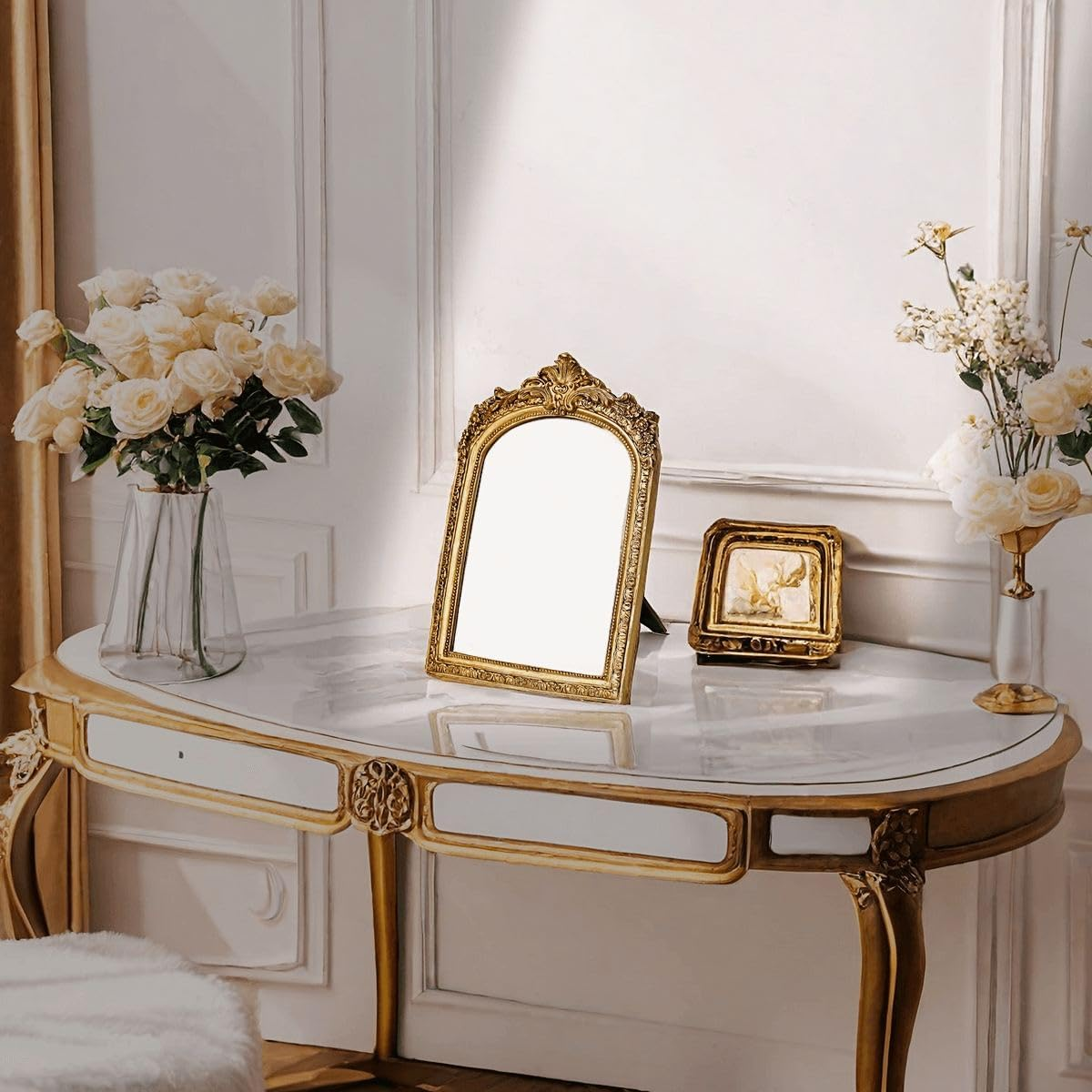 Small Gold Vintage Vanity Desk Makeup Mirror, Antique Decorative Wall Mirror, (12 X 19Cm) Resin Carved Arch Table Mirror with Stand for Living Room,Bedroom Dresser,Desktop Decor image number 1