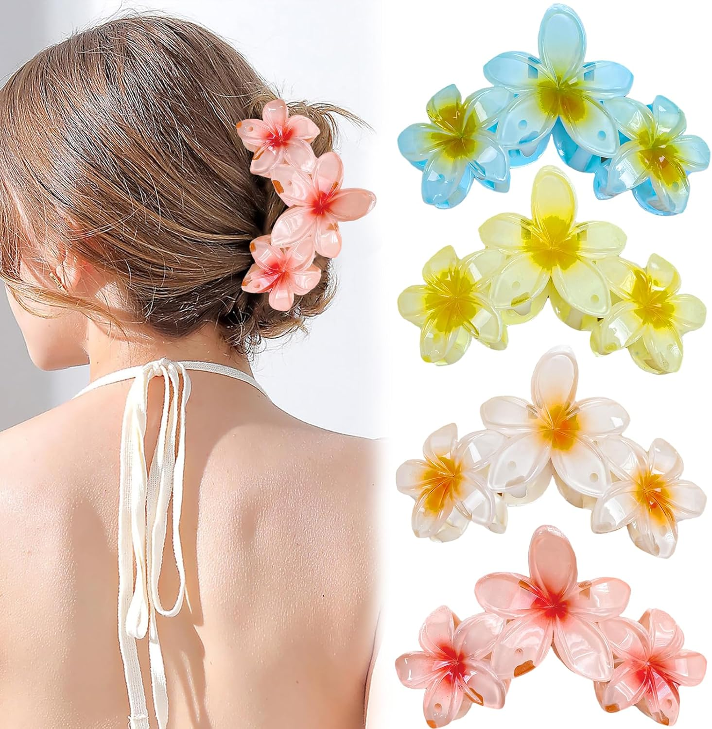 NATOSU 4 Pieces Flower Hair Claws Clips Strong Hold Large Claw Clips for Thick Hair Non-Slip Hair Clips for Women Hawaiian Flower Claw Clips image number 2