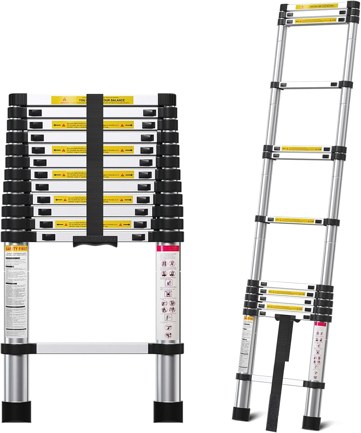 3.8M/12.5FT Telescoping Ladder- Multi-Purpose Aluminum Extension Ladder Adjustable Compact Ladder for Household, RV, Outdoor, 150Kg Max Capacity