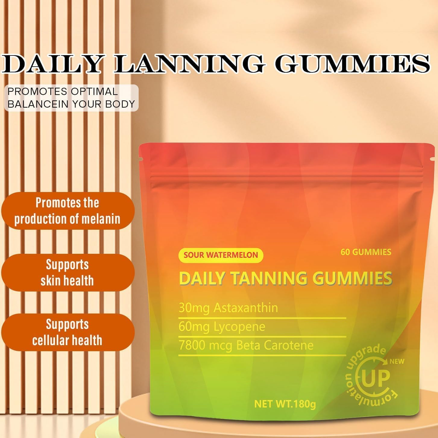 Tanning Gummie, Tanning Gummies for Skin Glow & Health - Vegan, Non-Gmo, with Astaxanthin, Lycopene & Beta Carotene, 60 Gummies for a Natural, Long-Lasting Tan - 1 Bag