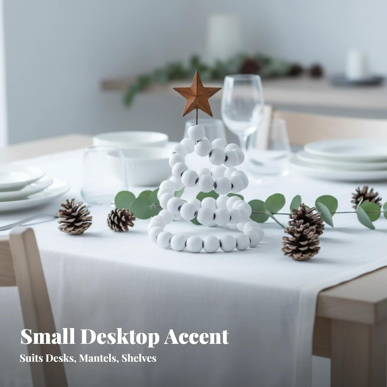 Mini Christmas Tree for Desk, Decorative Wooden Bead Christmas Tree Statue for Party, Star Top Christmas Tree For, White, as Described - White image number 4