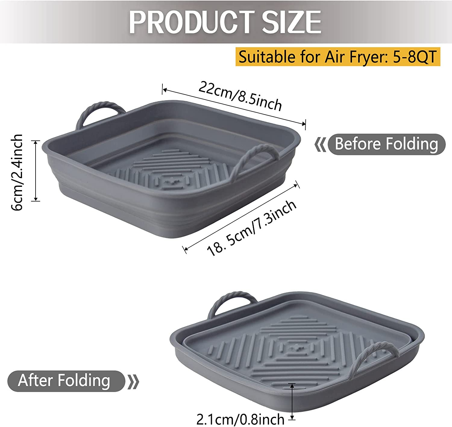 2 Pack 8.5Inch Air Fryer Silicone Liners Square Foldable, Non-Stick Air Fryer Silicone Baking Tray, Heat Resistant Air Fryer Silicone Basket for 5 to 8 QT Air Fryer Oven Microwave Accessories image number 5