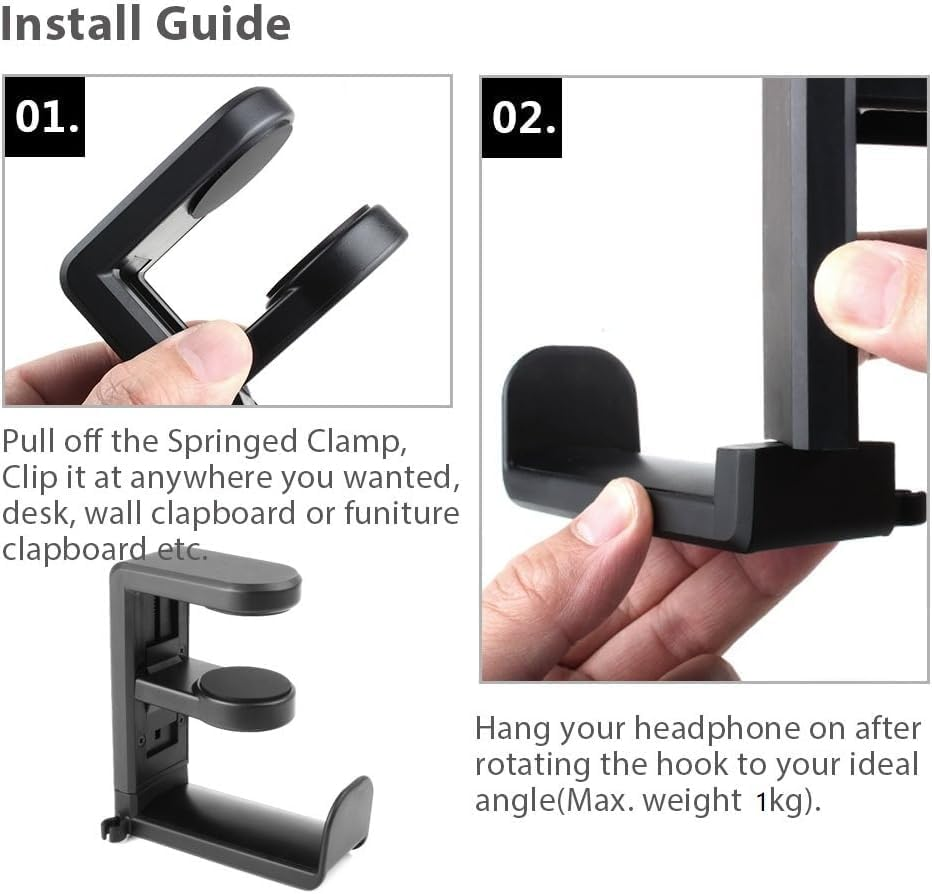 Rotating Headphone Stand - EURPMASK Adjustable Gaming Holder with 360&deg; Swivel, under Desk Hook & Cable Clip Organizer - Black image number 5