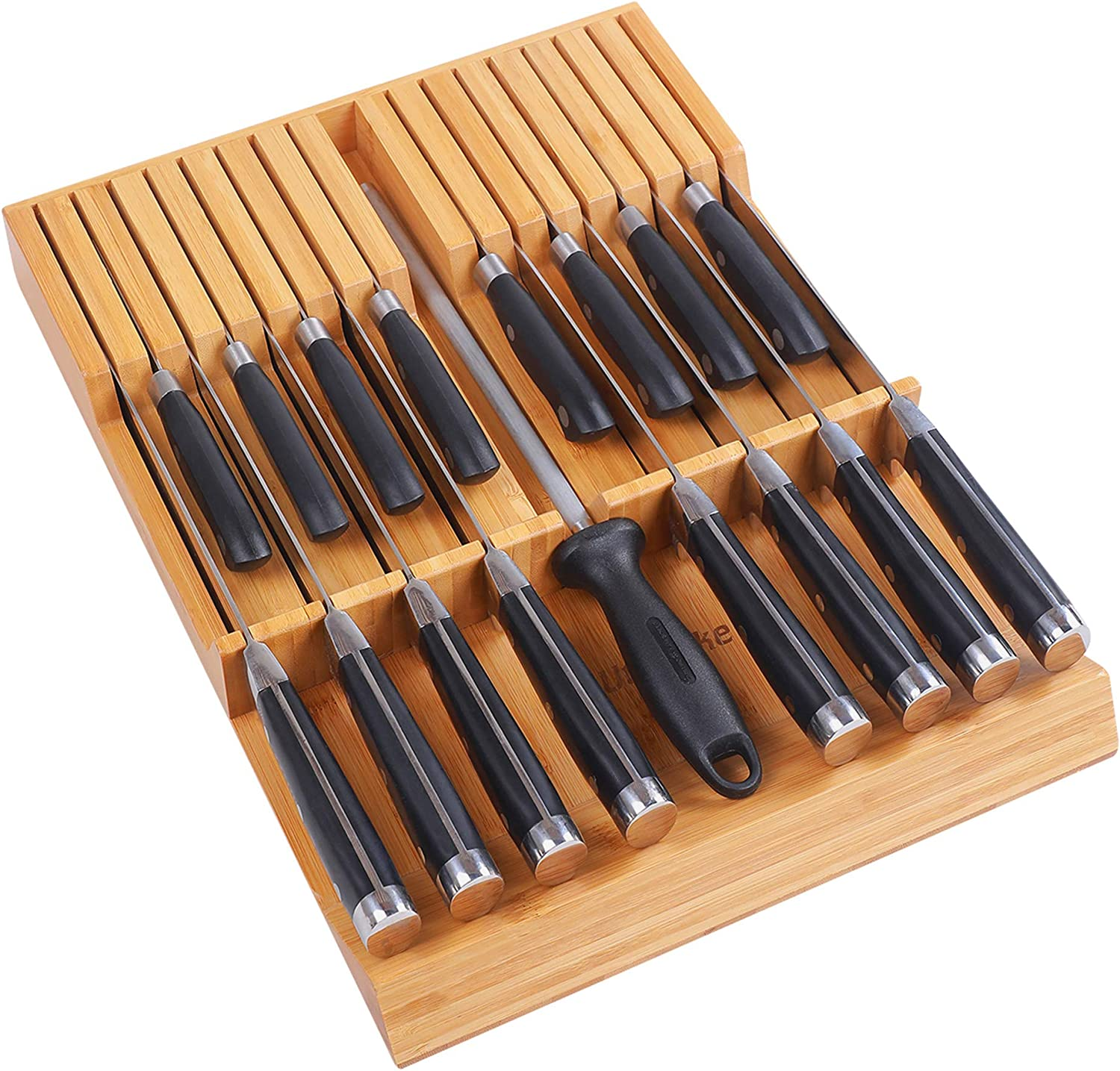 Utoplike In-Drawer Knife Block Bamboo Kitchen Knife Drawer Organizer,Large Handle Steak Knife Holder without Knives, Fit for 16 Knives and 1 Sharpening Steel (16 Knife Organizer)