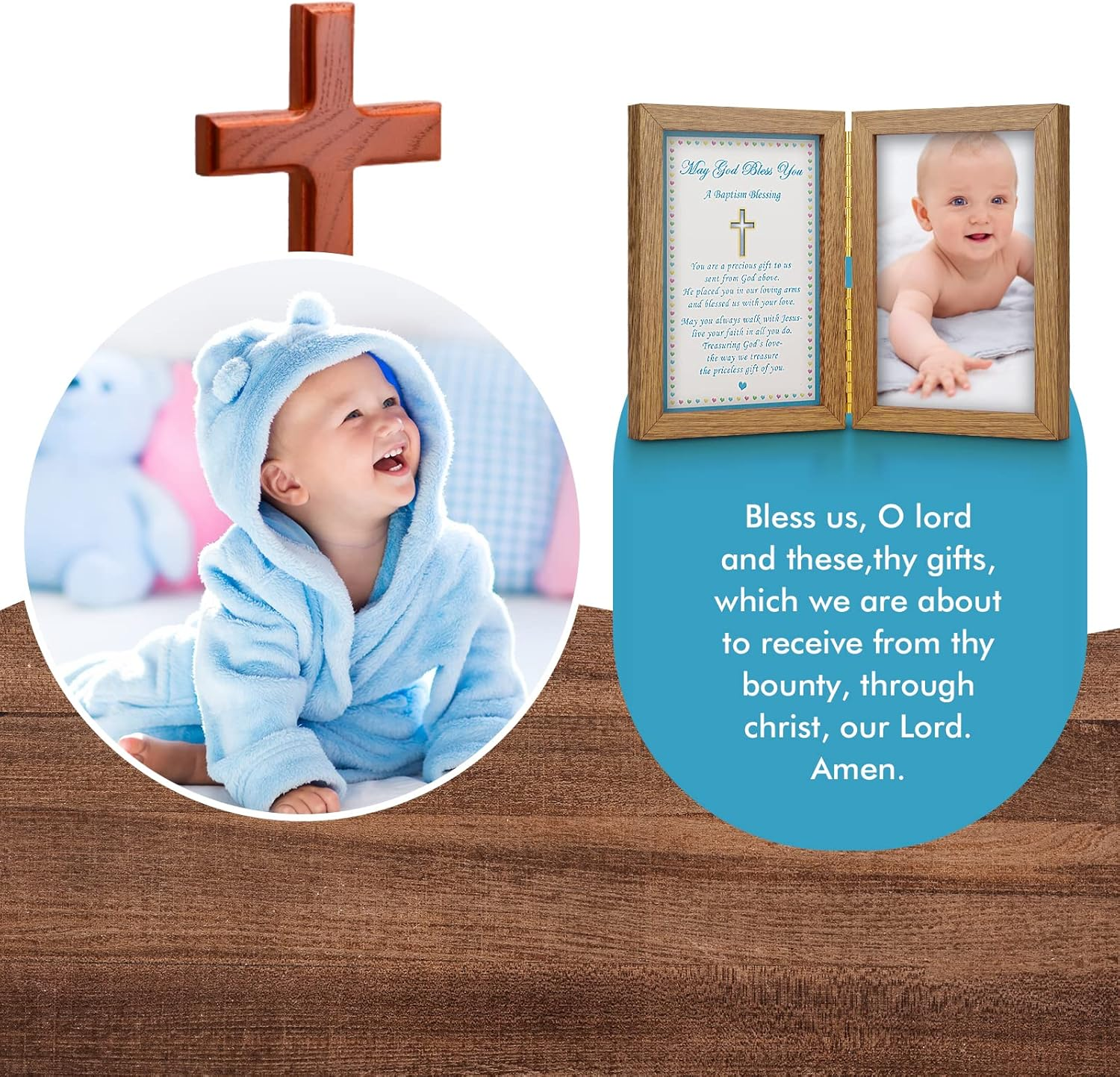 Yakucho Baptism Gifts for Boys - Baby Boy Baptism Picture Frame, Double Frame with Glass, 5.3" X 7.3"