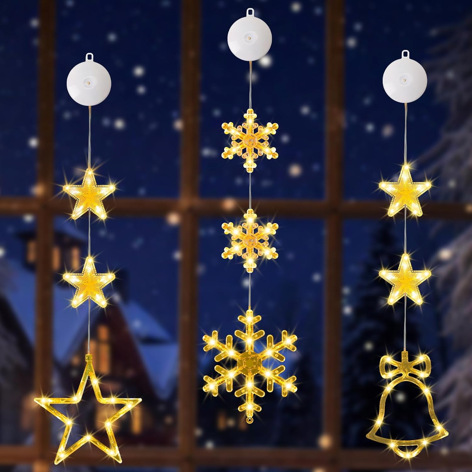 Yizhet Pack of 3 Stars Bell Snowflakes LED Stars Christmas Lights Christmas Star Window Fairy Lights Battery for Birthday Wedding Party Christmas Decoration image number 3
