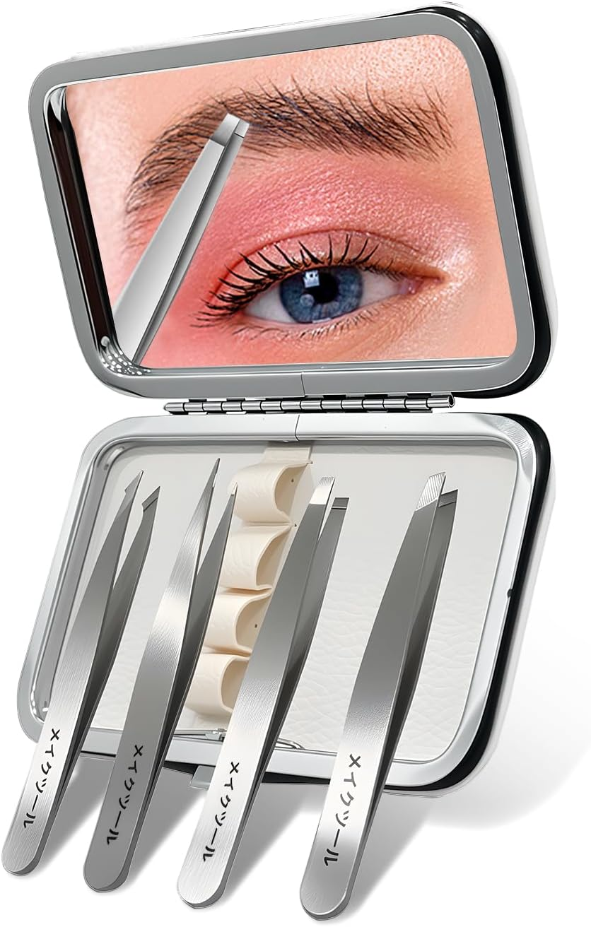 Sashion Eyebrow Tweezers Set - 4 Pack Precision Tweezer with Mirror & Leather Travel Case for Women & Men Gifts, Professional Stainless Steel Tweezer Sets for Plucking,Facial Hair,Ingrown Hair Removal image number 3