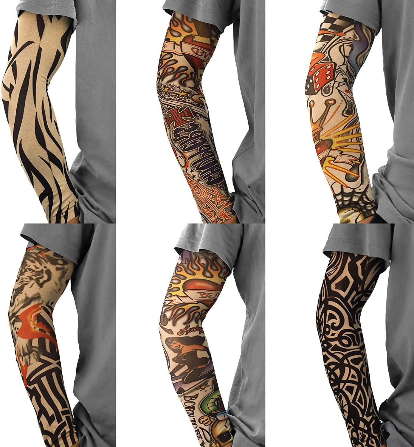 6 Pack Temporary Tattoo Arm Sleeves Arts Fake Slip on Arm Sunscreen Sleeves Body Art Stockings Protector - Designs Tribal, Tiger, Dragon, Skull, and Etc Unisex Stretchable Cosplay Accessories