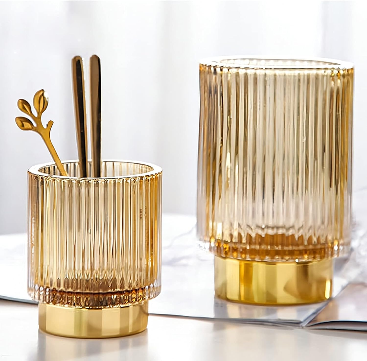 DASITON Makeup Brush Holder Organizer,Crystal Cosmetic Makeup Brush Glass Brushes Storage Holder,Vintage Makeup Brush Cup Pen Pencil Holder Striped Vase(Coffee L) image number 7