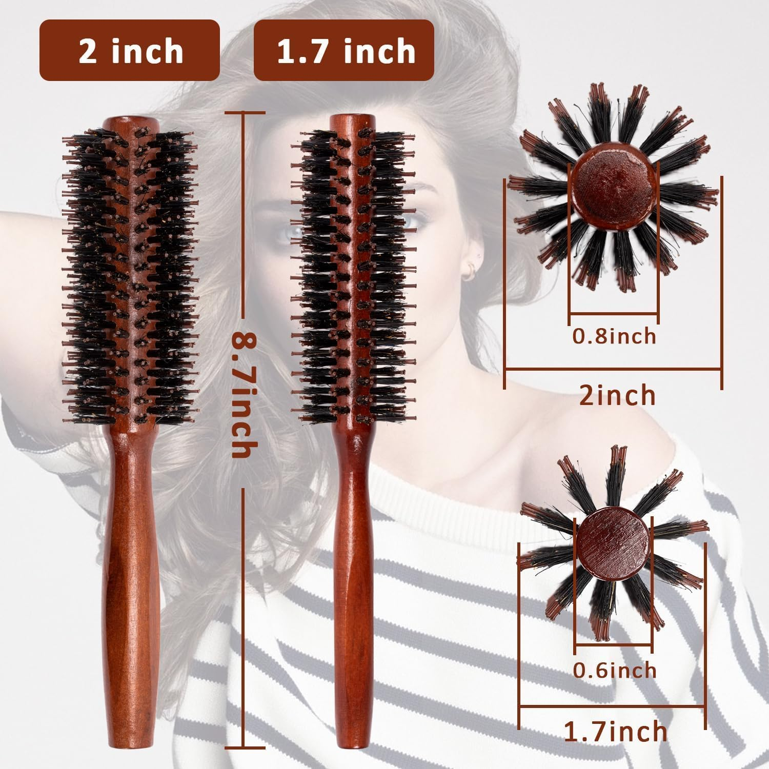 Round Boar Mane Hair Wooden Handle Brush, 2Pcs round Hair Brush Boar Bristle Hair Brushes,Wooden Handle round Bristle Styling Brush, Wooden Boar Bristle round Brush,Boar Bristle Brush round Hair Brush image number 6