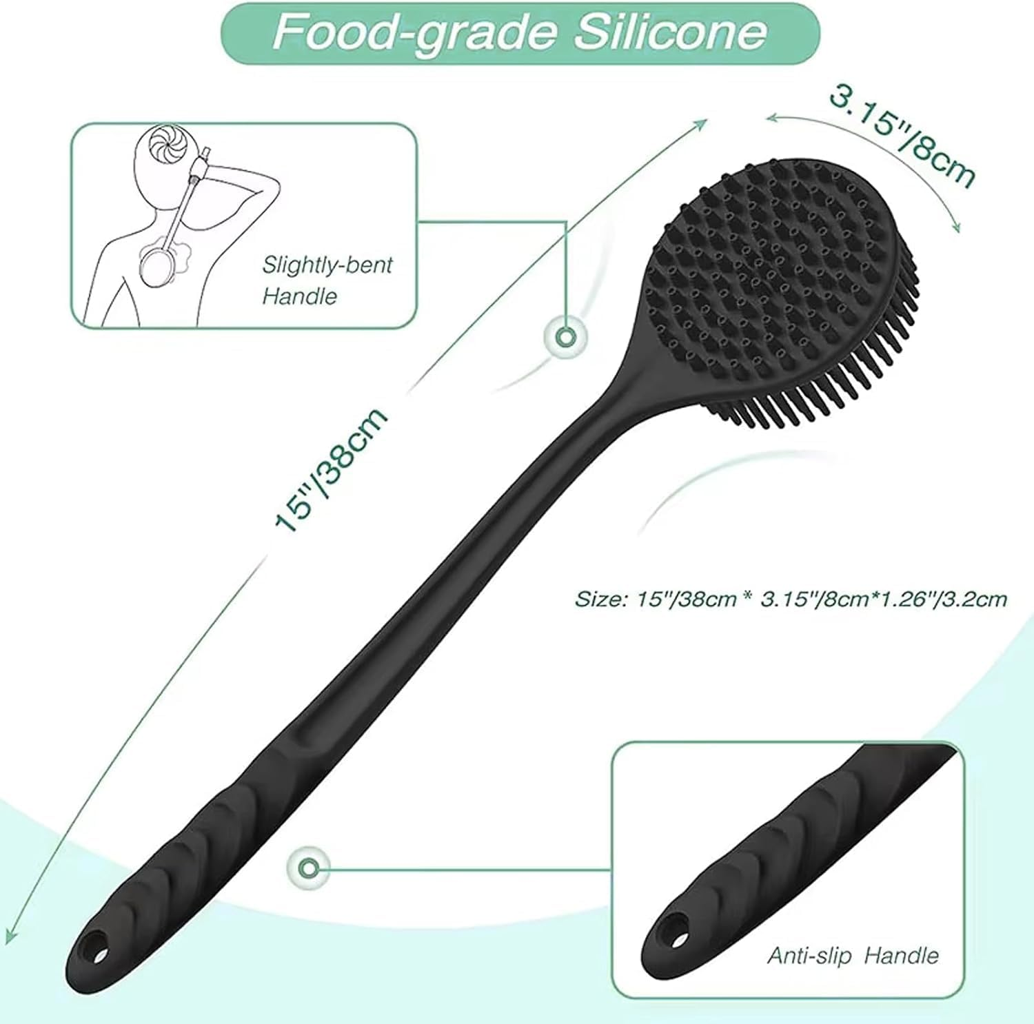 Silicone Back Scrubber for Shower 15In Long Handle Body Brush 2-Sided Exfoliating & Massage Brush Creates Rich Foam Long Handle Back Scrubber for Men and Women image number 4