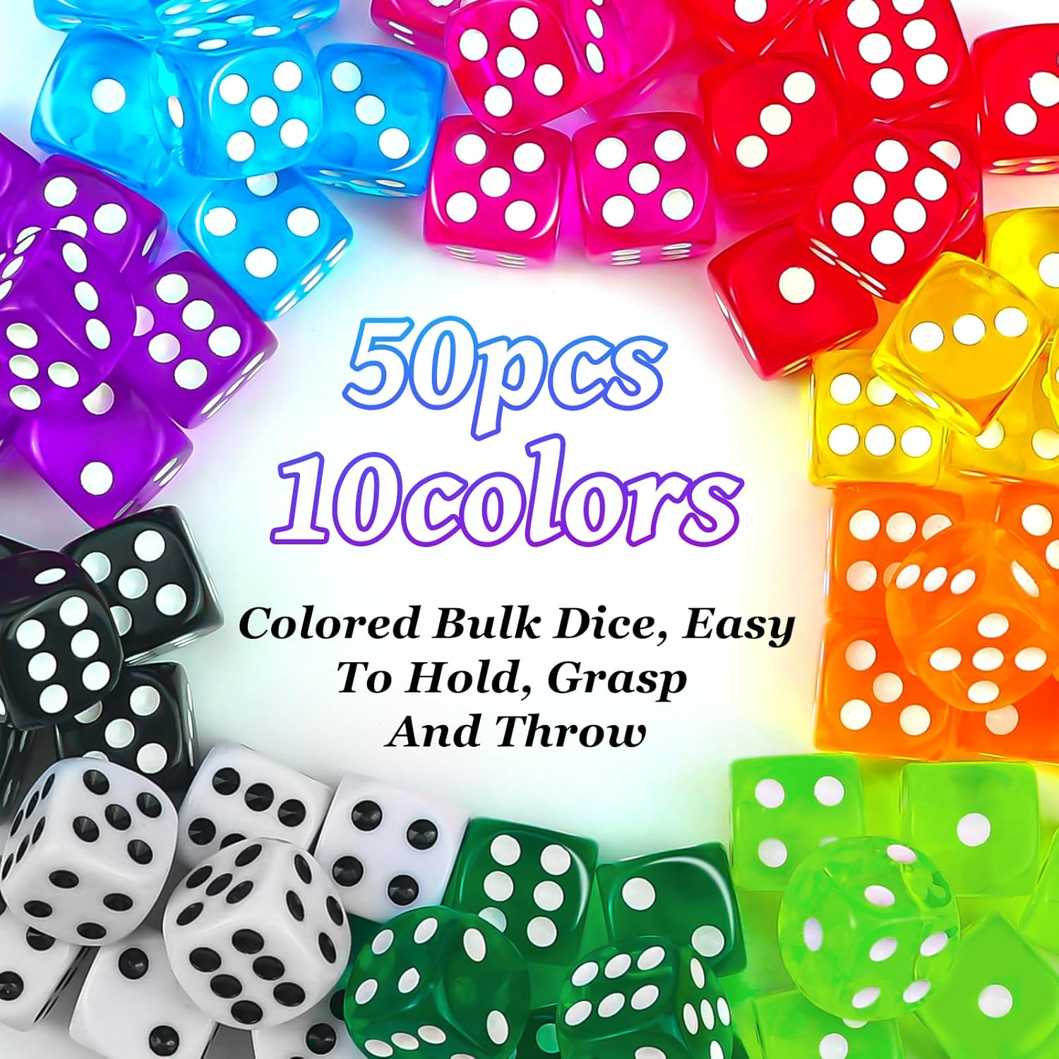 JMQU 16MM Colored Dice Set, 50Pcs 6 Sides Standard Bulk Large D6 Dice with Portable Plastic Box, 10 Colors Including Red Dice,Green Dice for Board Games,Parties,Classroom Math Games image number 2