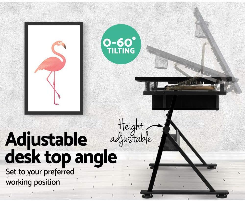 Drawing Table Stool Set Artiss Ajustable Metal Base Art & Craft Drafting Desk Table Art/Workstation with Removable Side Tray Drawers for Student Adults image number 1