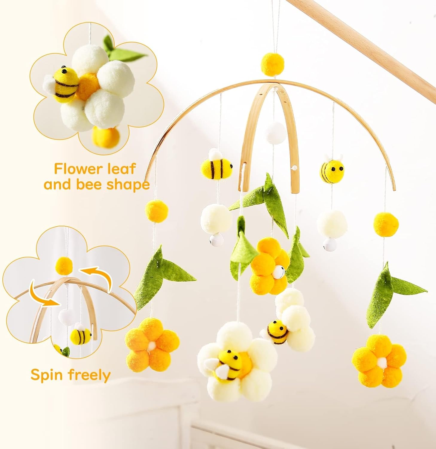 IEATFO Baby Mobile for Crib Crib Nursery Mobile for Boys Girls Boho Bee Flower Nursery Decor Soothe Toy Baby Shower Set for Infant Bedroom Hanging Decoration Toy(Bee) image number 5