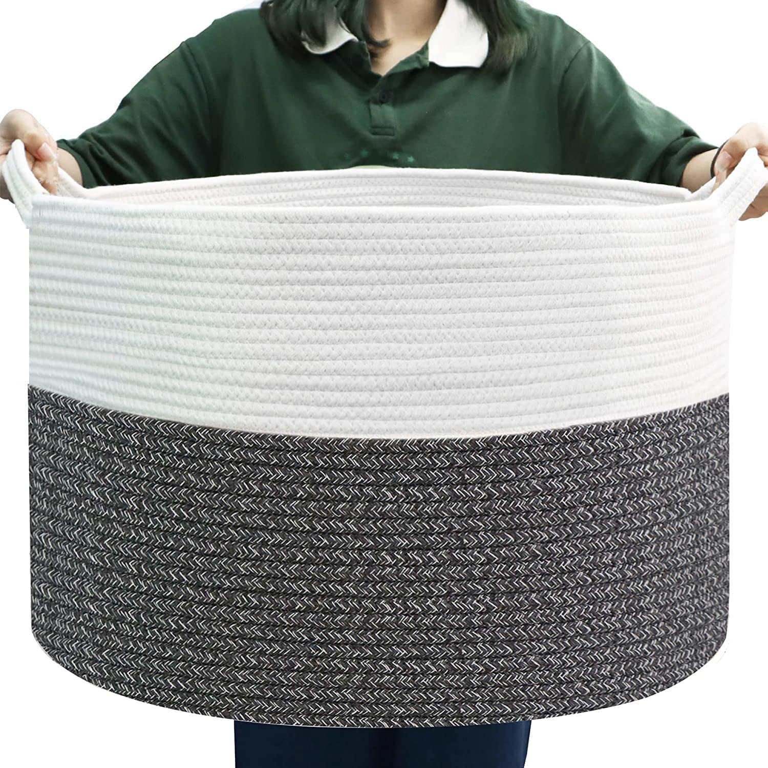 Xxxlarge Cotton Rope Basket 23.6" X 23.6" X 14.1" Woven Baby Laundry Blanket Basket Toy Baskets with Handle Storage Comforter Cushions Thread Laundry Hamper Home Decor Living Room（Pink）