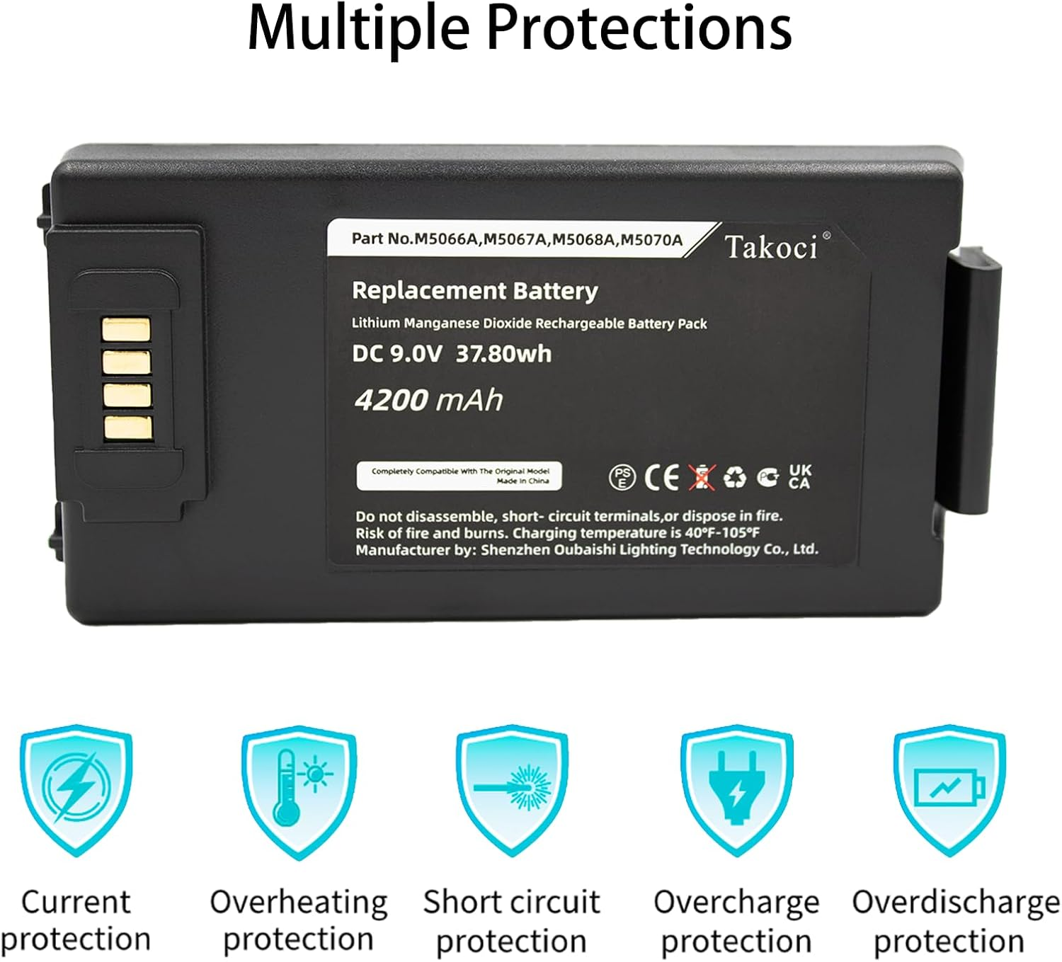 M5070A Battery Replacement Compatible with Hear/Tstart Onsite HS1 Frx M5066A M5067A M5068A 4200Mah/9V image number 3