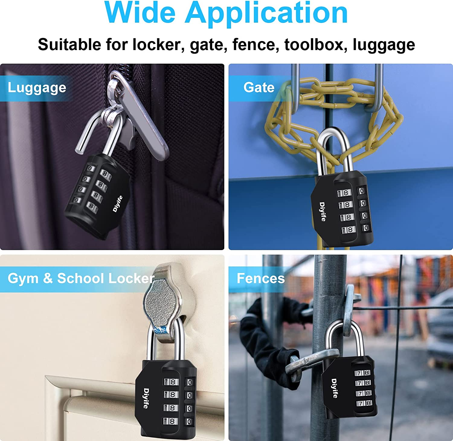 Combination Padlock, [3 Pack] Diyife 4 Digit Lock Combination, Padlock Weatherproof Outdoor for School Gym Locker, Sports Locker, Shed, Fence, Hasp, Garage(Black) image number 5