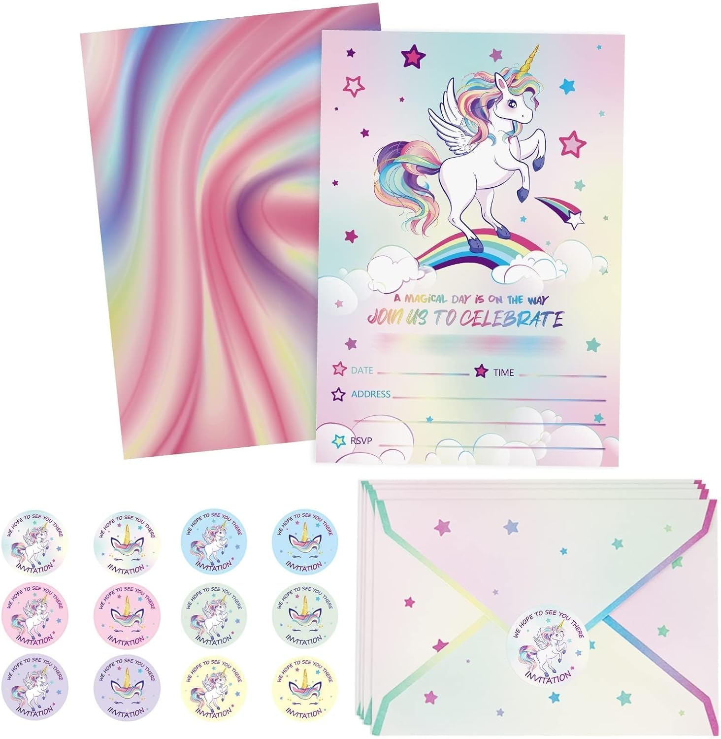 WERNNSAI 24PCS Unicorn Birthday Invitation - Rainbow Unicorn Party Supplies Fill-In Linvitations with Envelopes for Girls Birthday Baby Shower Double-Sided Printed Invite Cards image number 6
