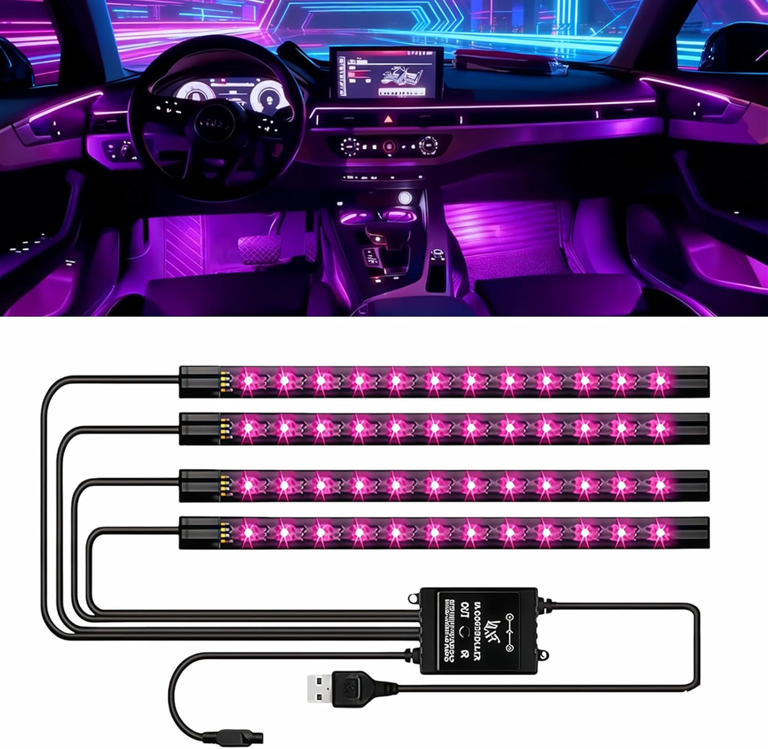 4-In-1 Car Interior Lights, Ambient Strip Lighting for Car, APP Control with USB Port & Music Sync Color Change, 48 LED, Car Decoration for Jeep SUV Truck