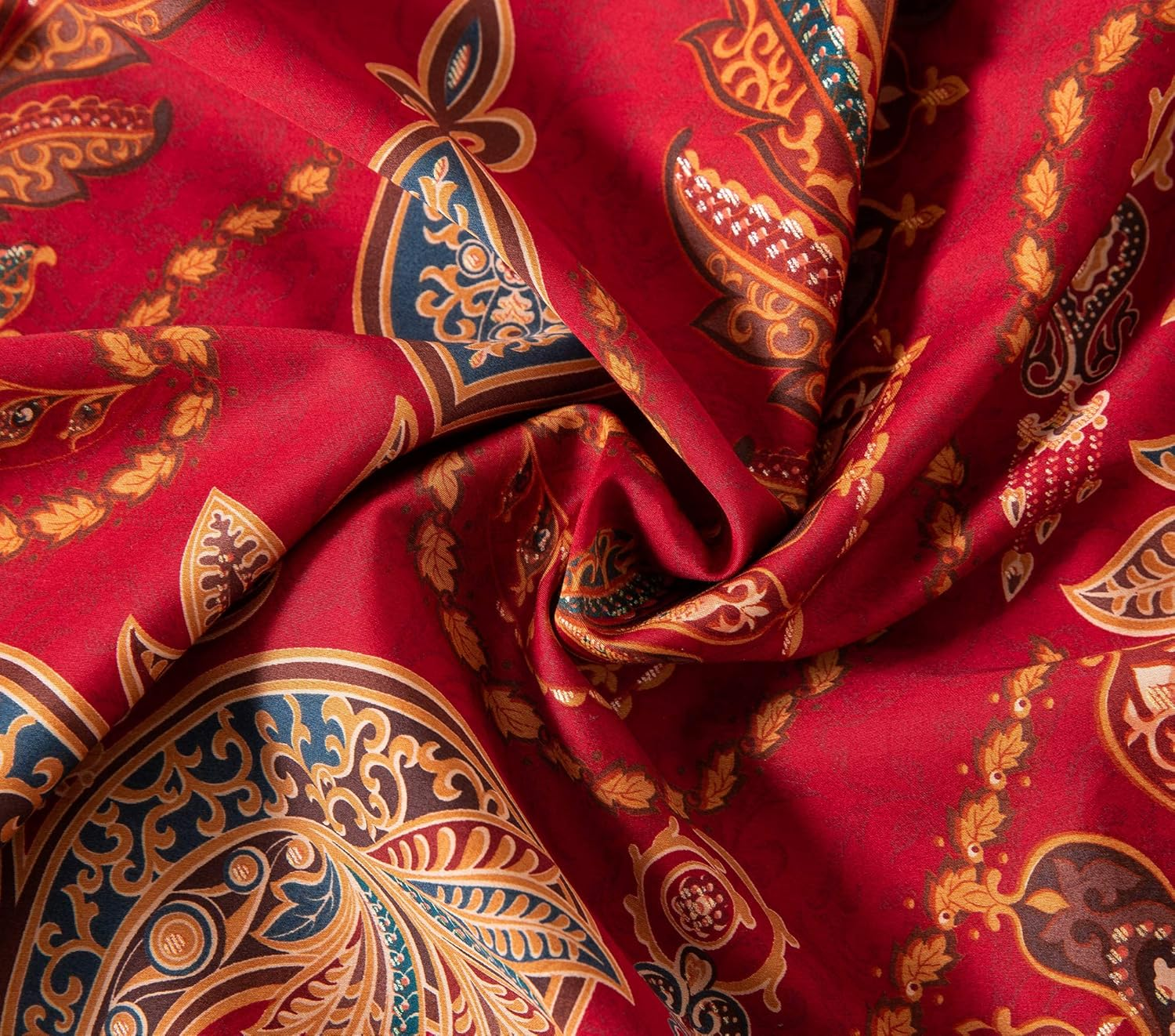 Eikei Italian Bohemian Paisley Duvet Cover 3Pc Set Boho Bedding Boteh Damask Medallion 400TC Egyptian Cotton Sateen Luxury European Traditional Style Bed Linen (Red Teal, Super King)