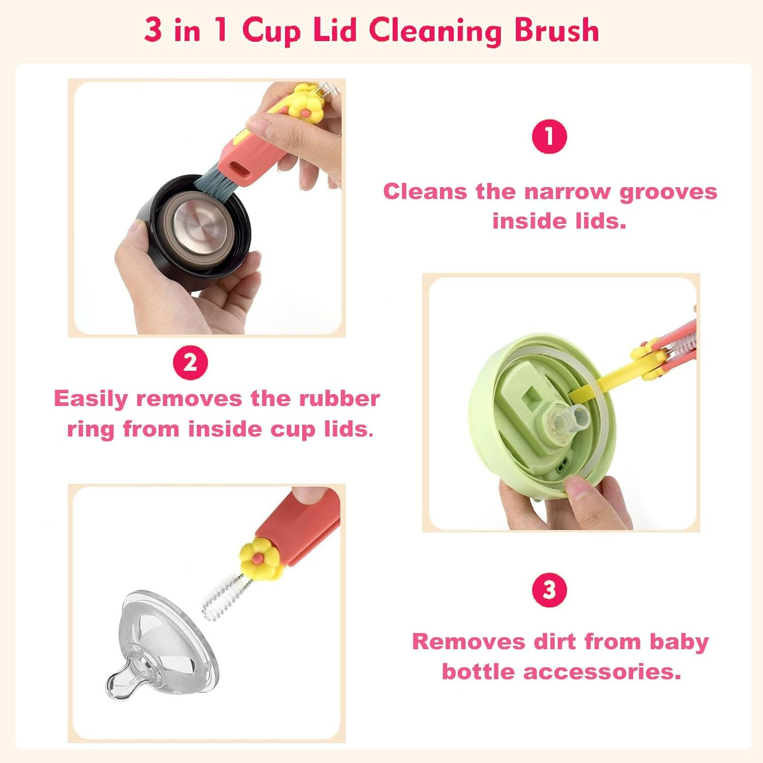 3 in 1 Cup Lid Cleaning Brush, Multifunctional Portable Cleaner with Brush,For Thorough of Bottles, Cups, and Tight Spaces - Ideal,For Home Kitchen Tools（3Pcs）