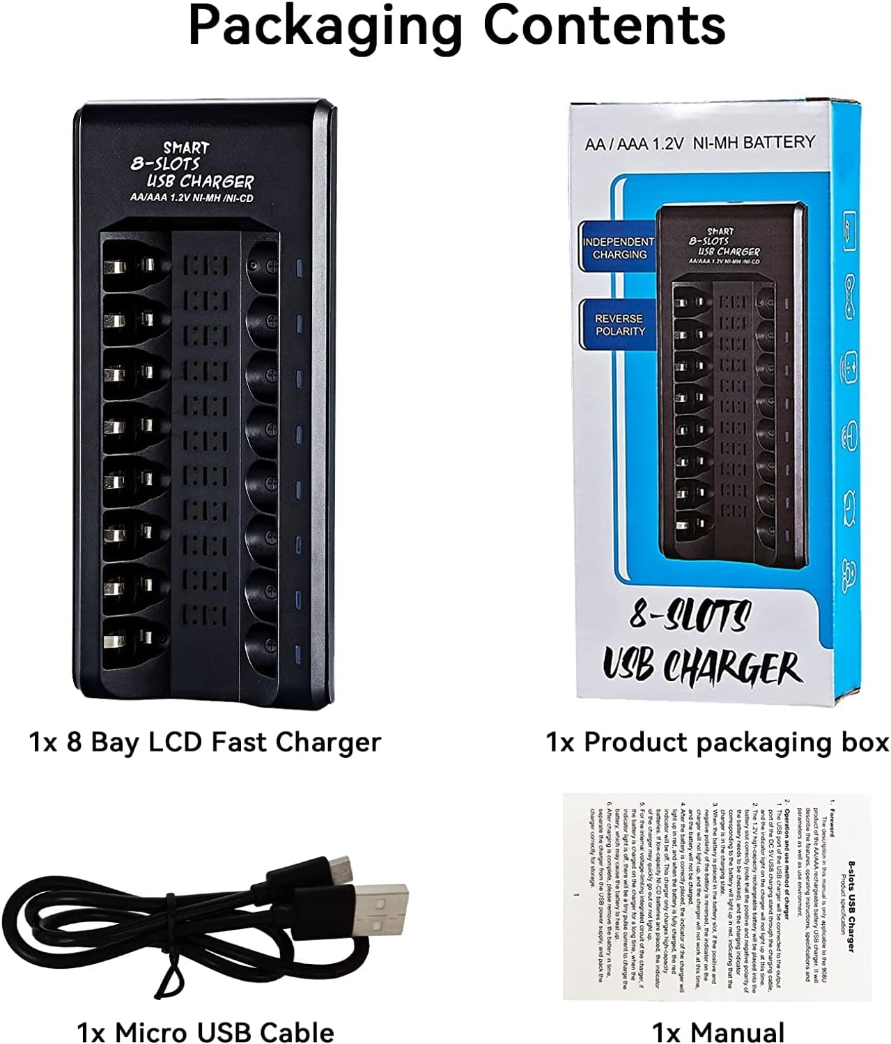 8 Bay AA AAA Battery Charger Individual Fast Charger with Charging Function for Ni-Mh Ni-Cd AA AAA Universal Battery Charger with LCD, Micro USB Input for AA and AAA Rechargeable Batteries image number 5