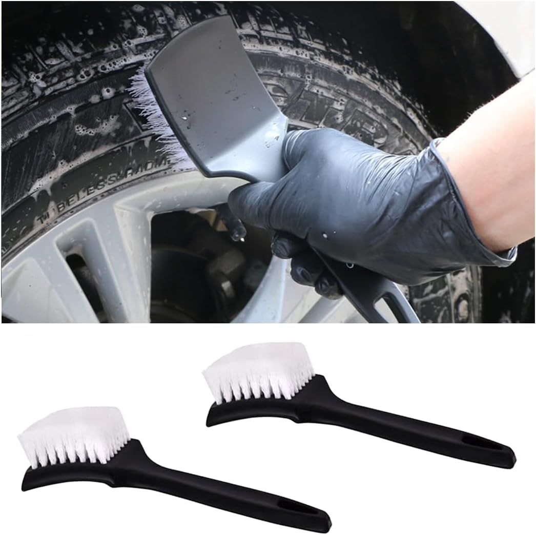 JNNJ Pack of 2 Wheel Rim Brush, Non-Slip Grips Tyre Brush, Car Care Tyre Brush, Car Wheel Cleaning Brush, Rim Cleaner Brush for Motorcycle, Bicycle (White)